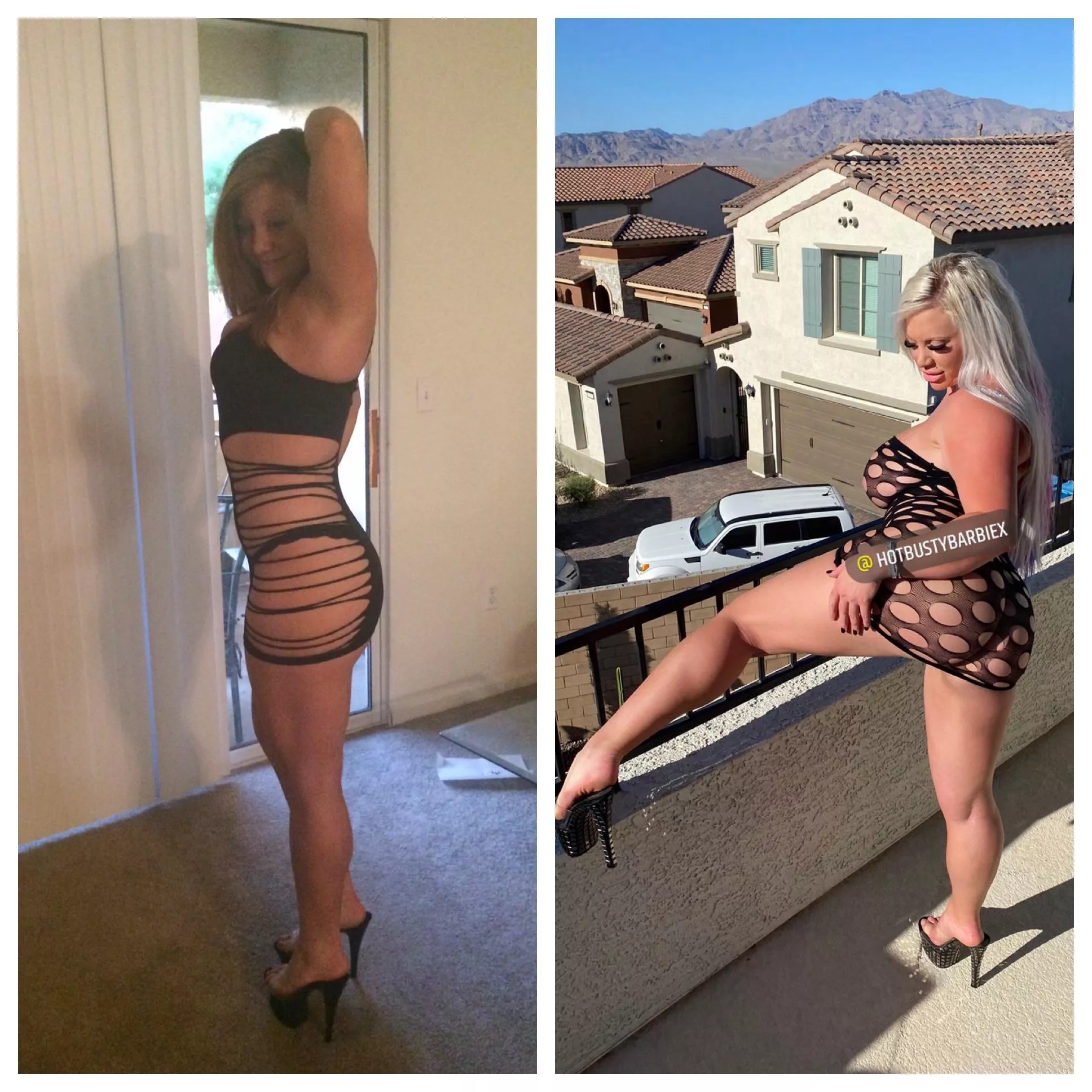 My bimbofication progress.The first photo was my first day as a dancer. The second photo is me trying to get my neighbor to fuck me. [F]