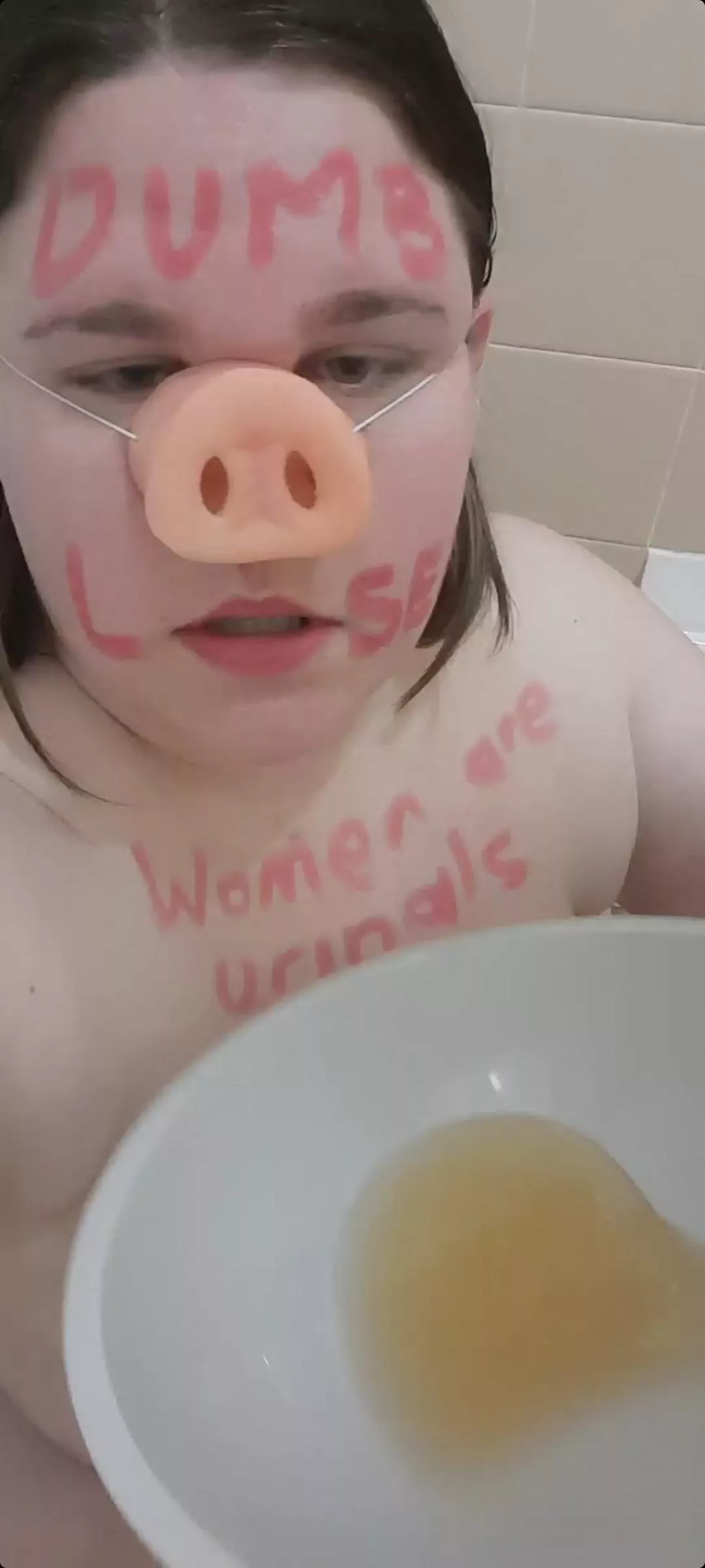 My fat pig slave displaying her yellow piss