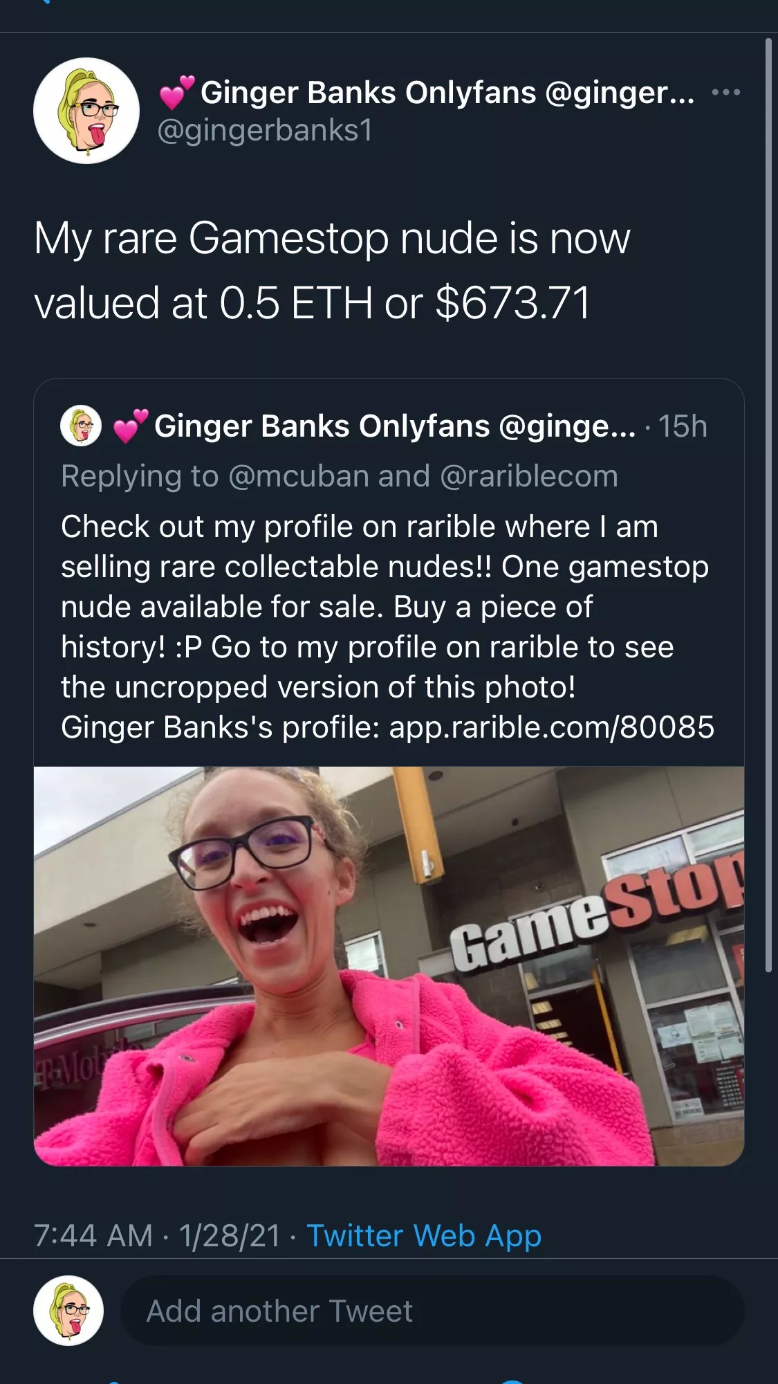 My rare GameStop nude is now valued at 0.5 ETH or $673.71 🤯🤯🤯 NFTs are going to be huge in the future