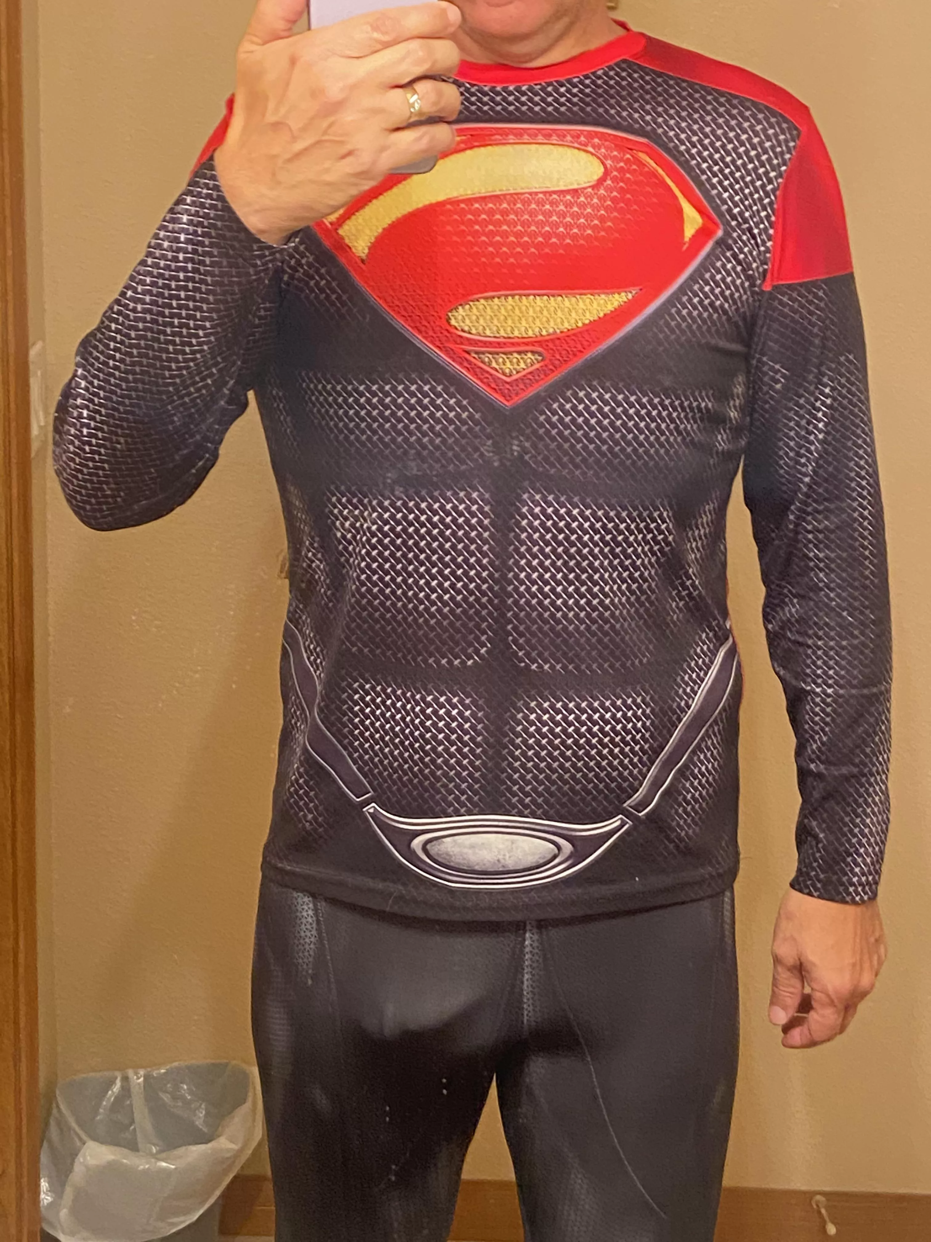 My Supersuit. Only semi here so I think I could wear it to the gym. Have to see what it looks like with a jock on under it.