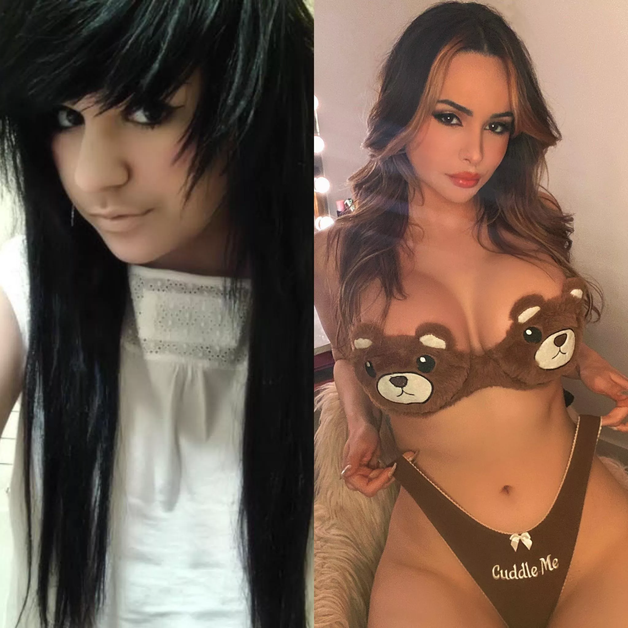 my transformation so far! wow can’t believe that first photo was me lol the new fake boobs help me feel like a pretty bimbo 😍🎀