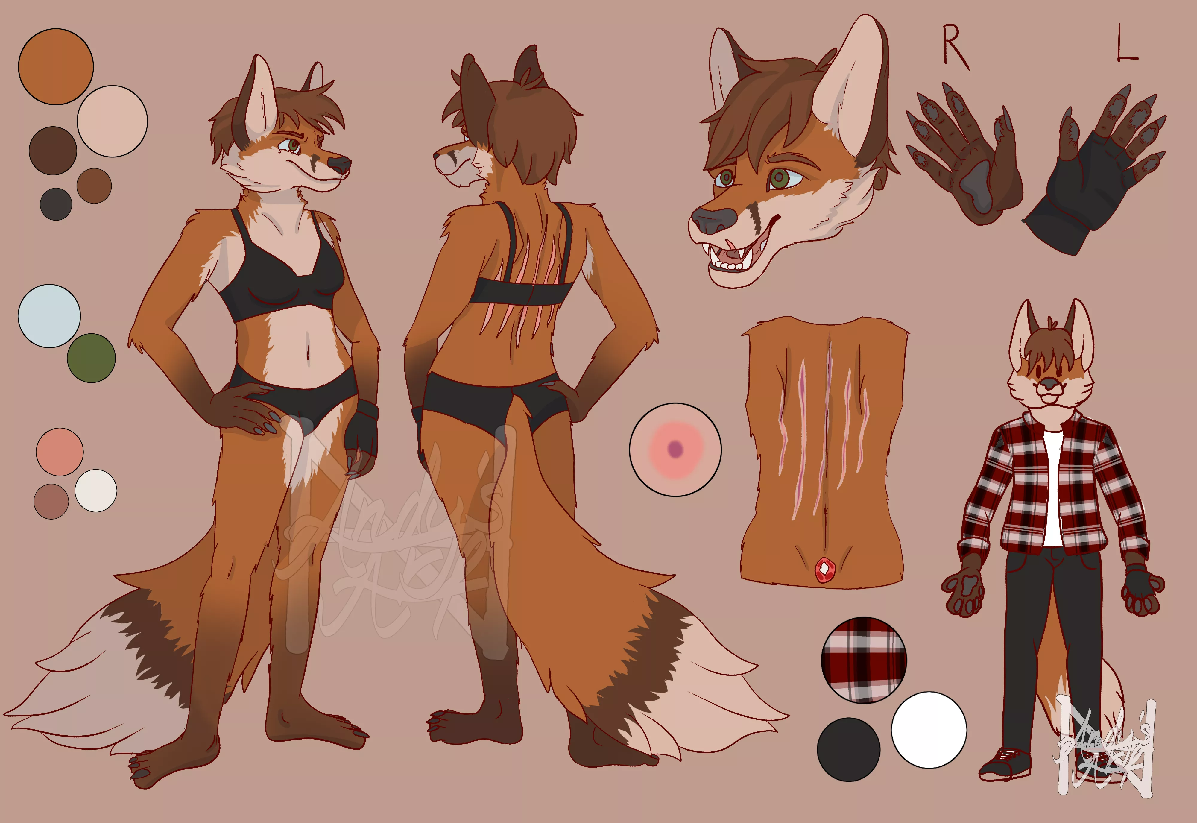 My very first reference sheet for my OC. Art by me (Twitter or Instagram @andys_ar1)