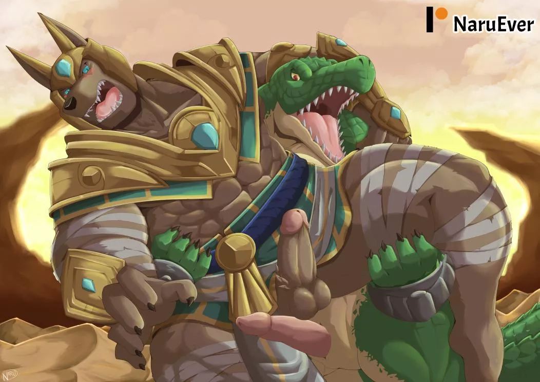 Nasus got surprised attack by Renekton drawn by (@naruevernett)