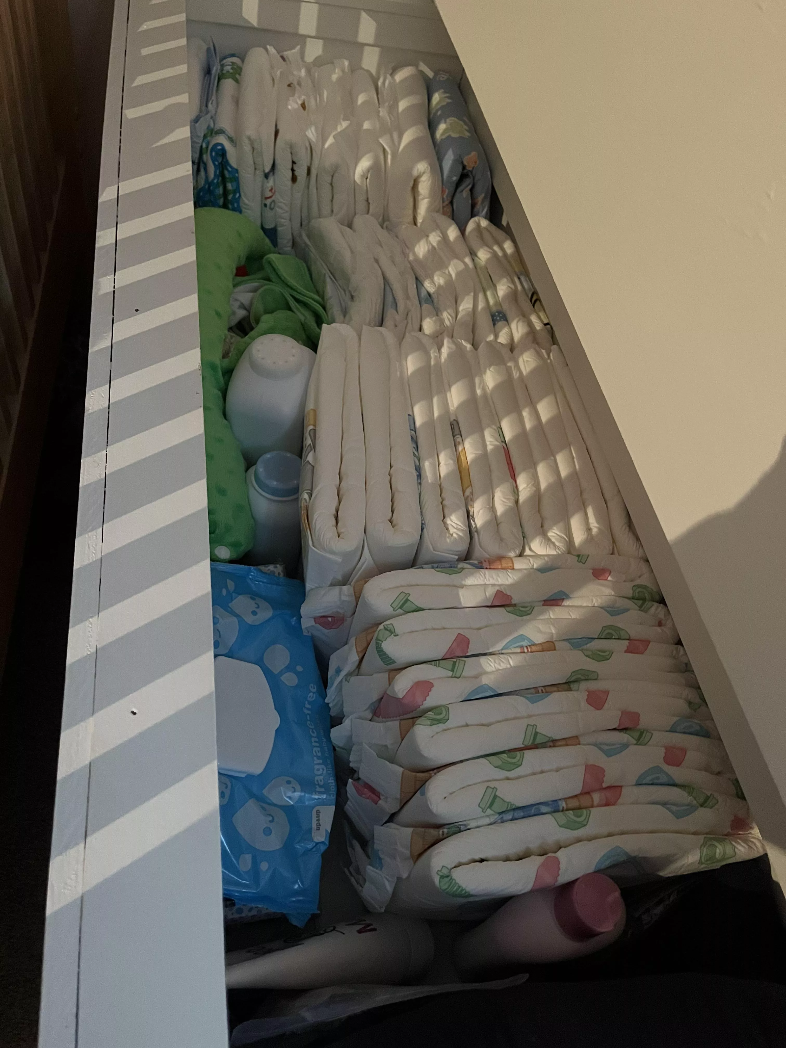 New Diaper Stash! (Hidden behind by bed)