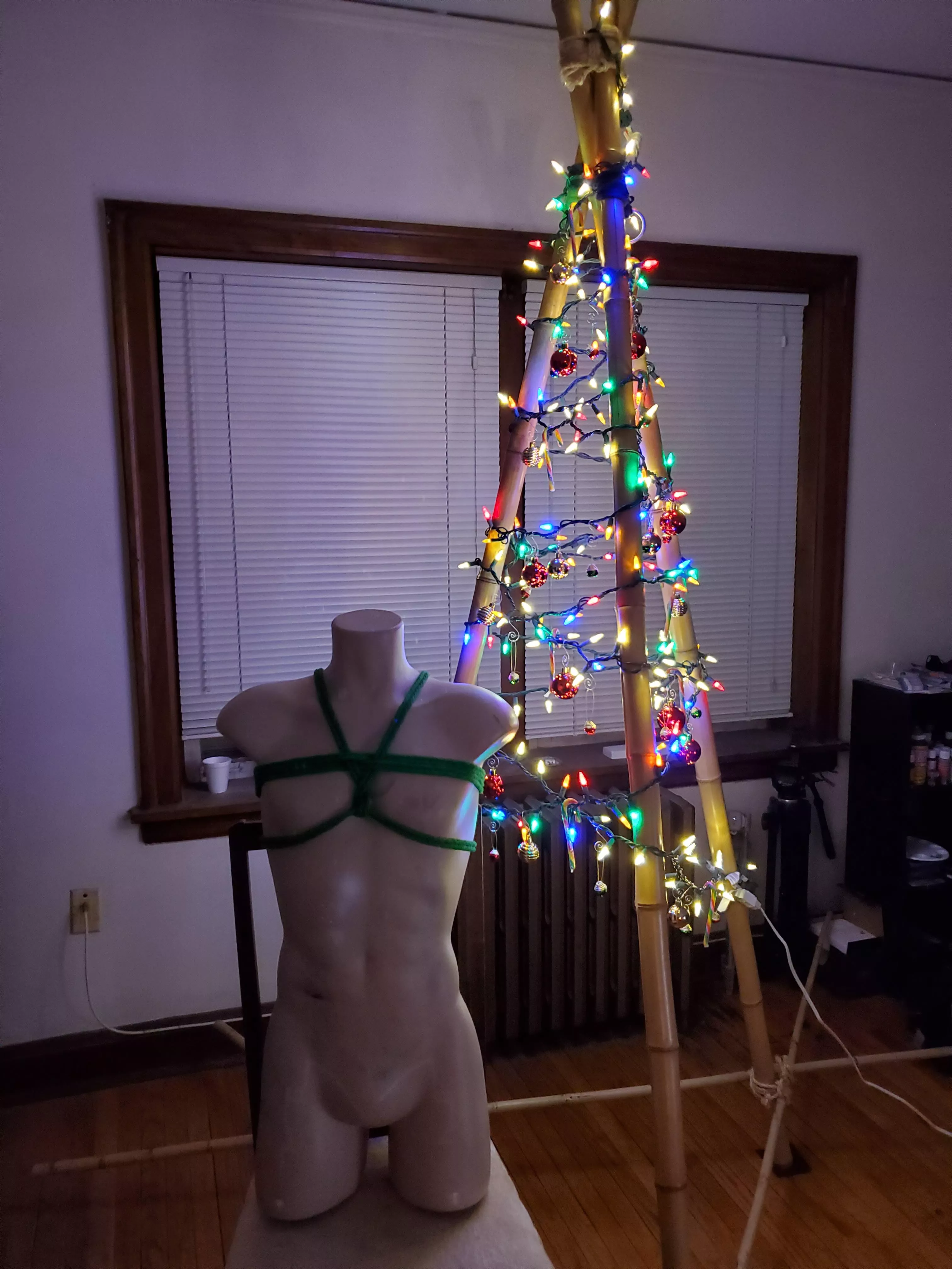 No Christmas tree this year, but my bamboo bondage tripod can pull double duty!