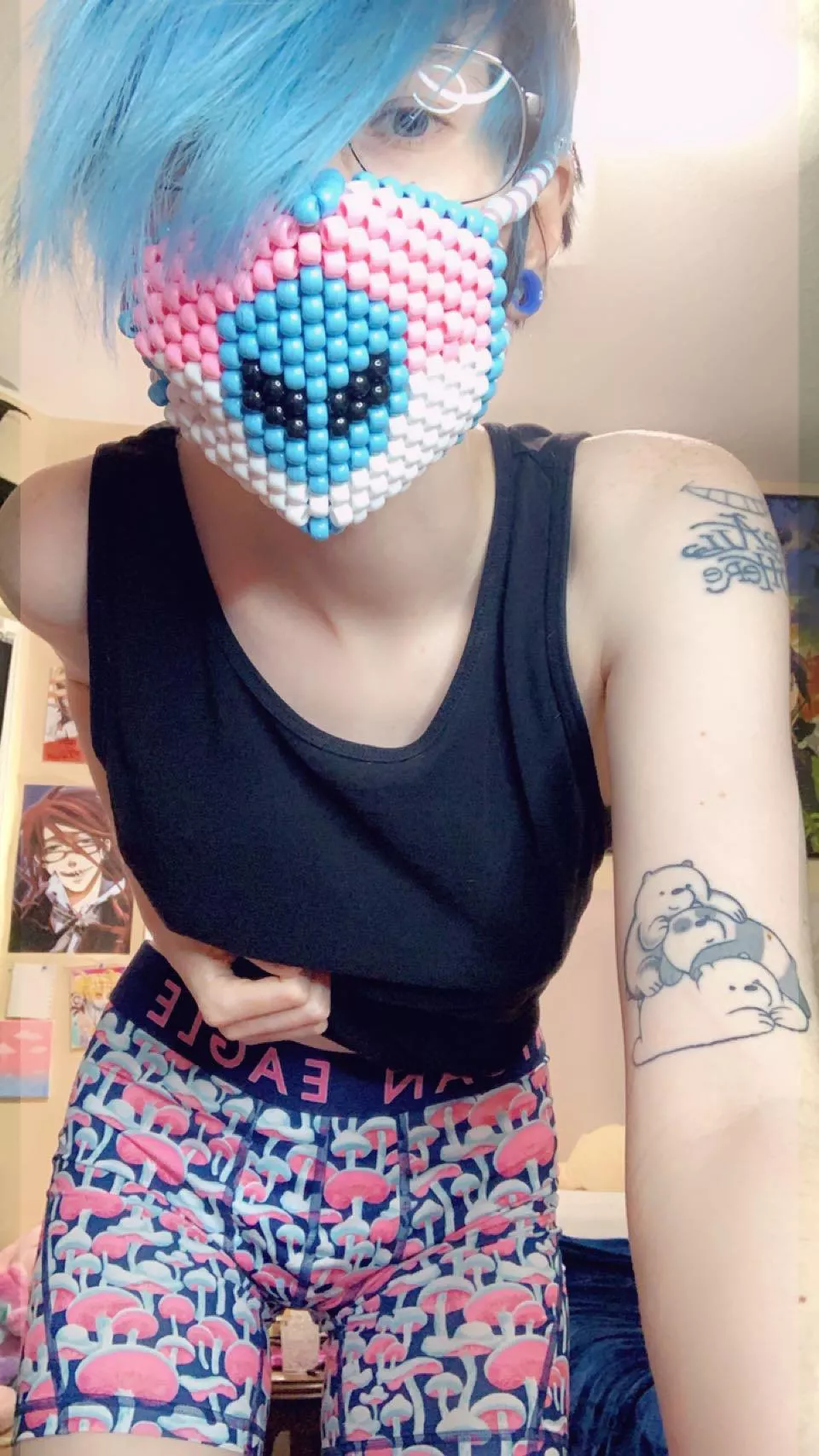 Obsessed wit my new mushroom boxers and trans flag mask ðŸ‘½ ðŸ’™