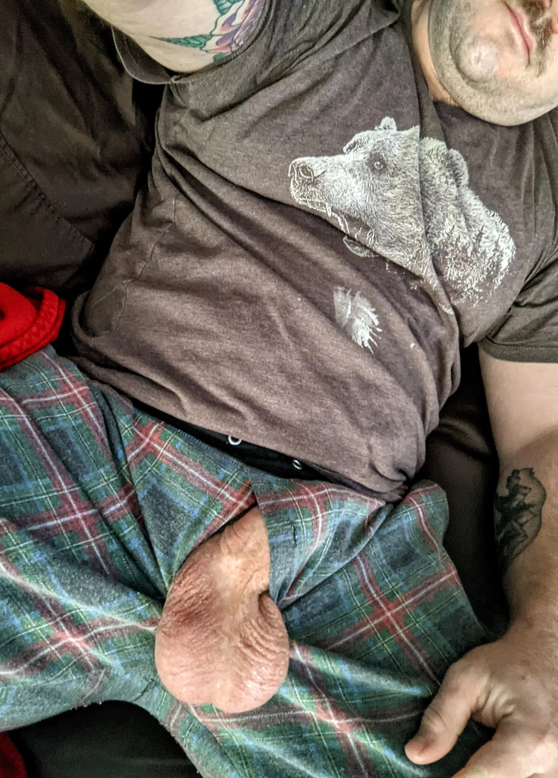 Oh no daddy forgot to button his pajamas. Don't wake him, just push the smelly balls back in