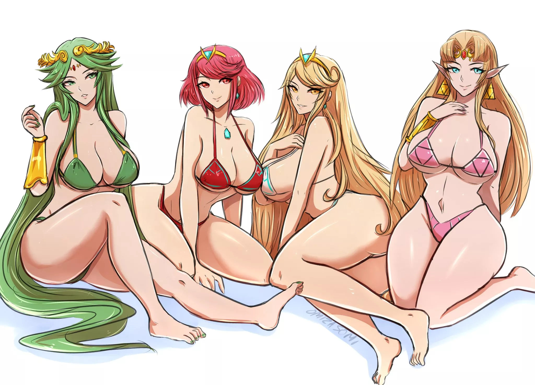 Palutena, Pyra, Mythra, and Zelda.