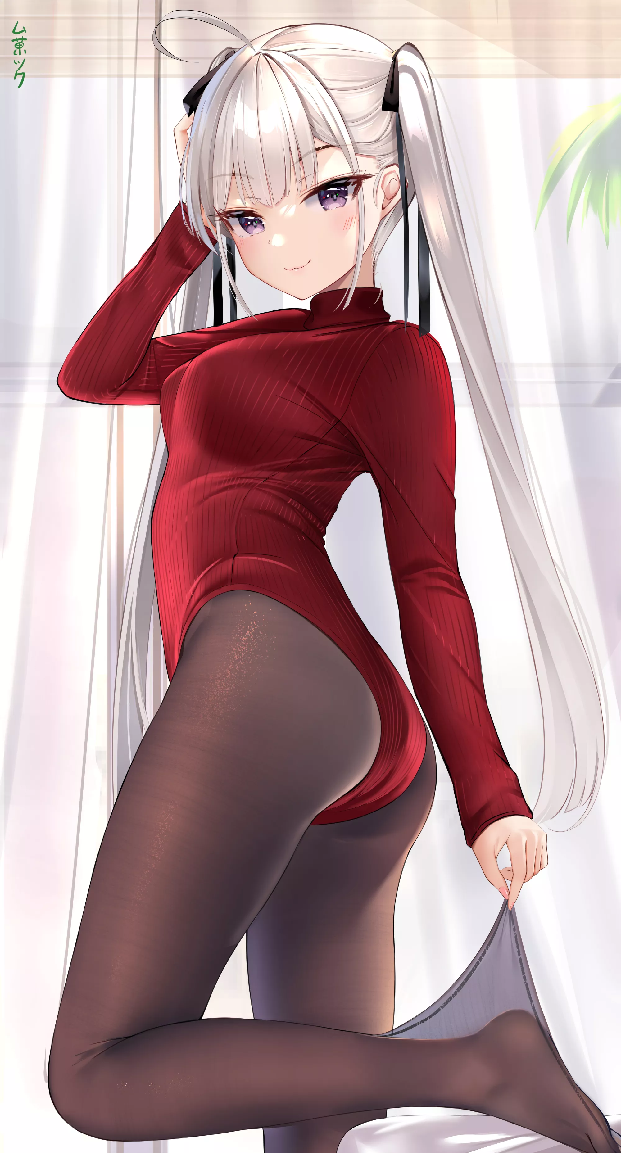 Pantyhose And Red Ribbed Leotard (Muka Tsuku) [Original]