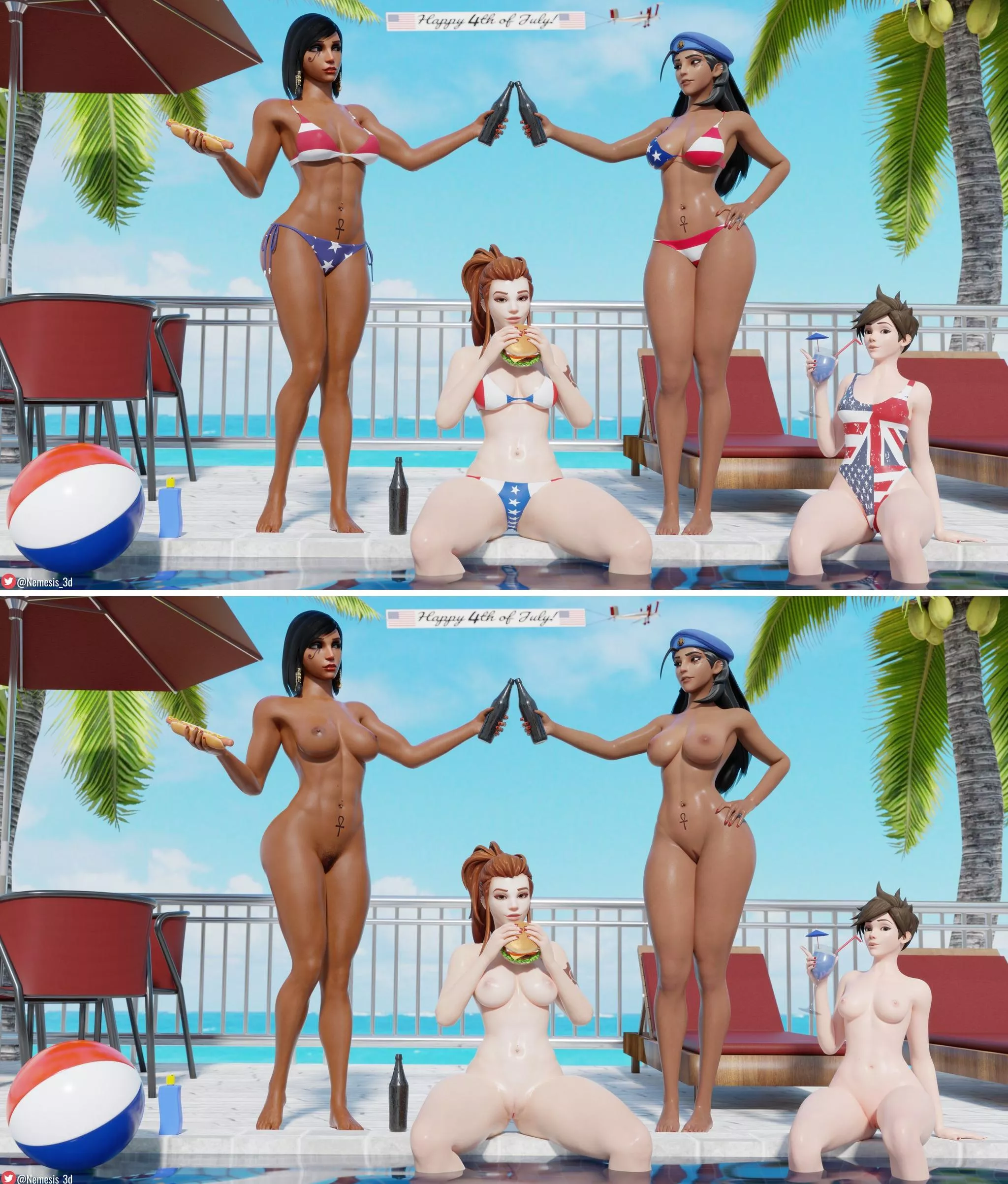 Pharah, Brigitte, Ana, Tracer, (Nemesis_3d)