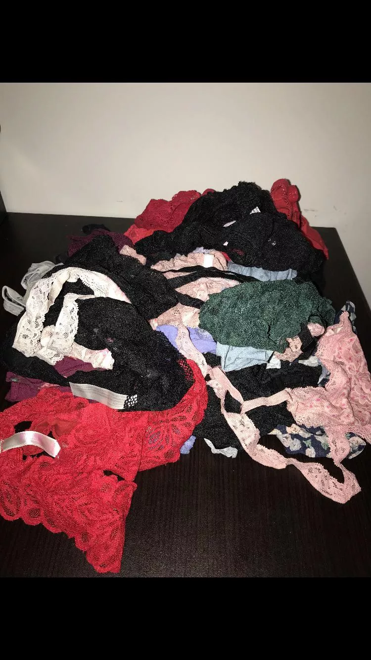 Pile of stolen thongs from college dorm laundry room. Ready to be soaked in my seed