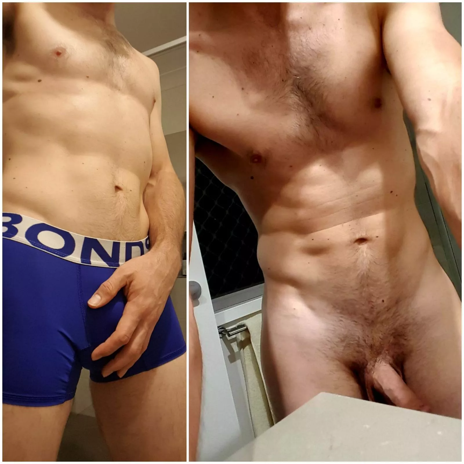 Pre and post shower ie dirty and clean (but dirty ðŸ˜‰)