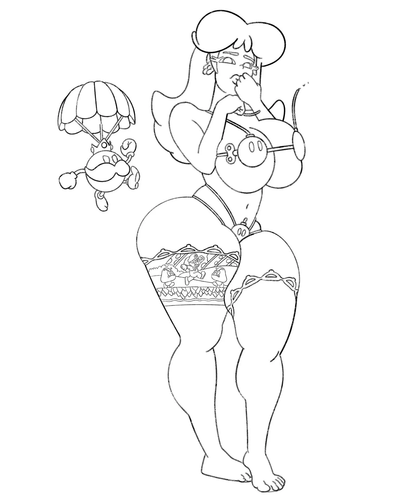 Princess Daisy in underwear lineart (with King Bob-omb)