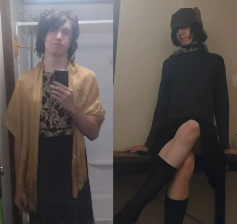 Progress over time. First pic (left) is when I was 16 and first stole my mom's clothes to crossdress, 2nd pic (right) is from yesterday, now 18 and with my own femme clothes.