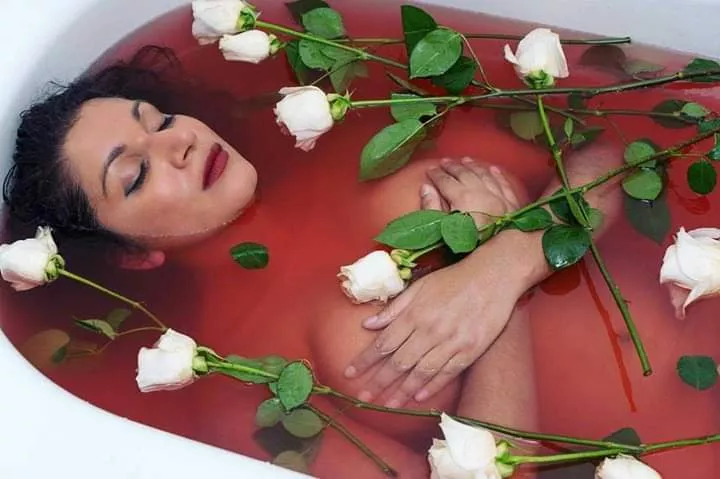 red water and white roses