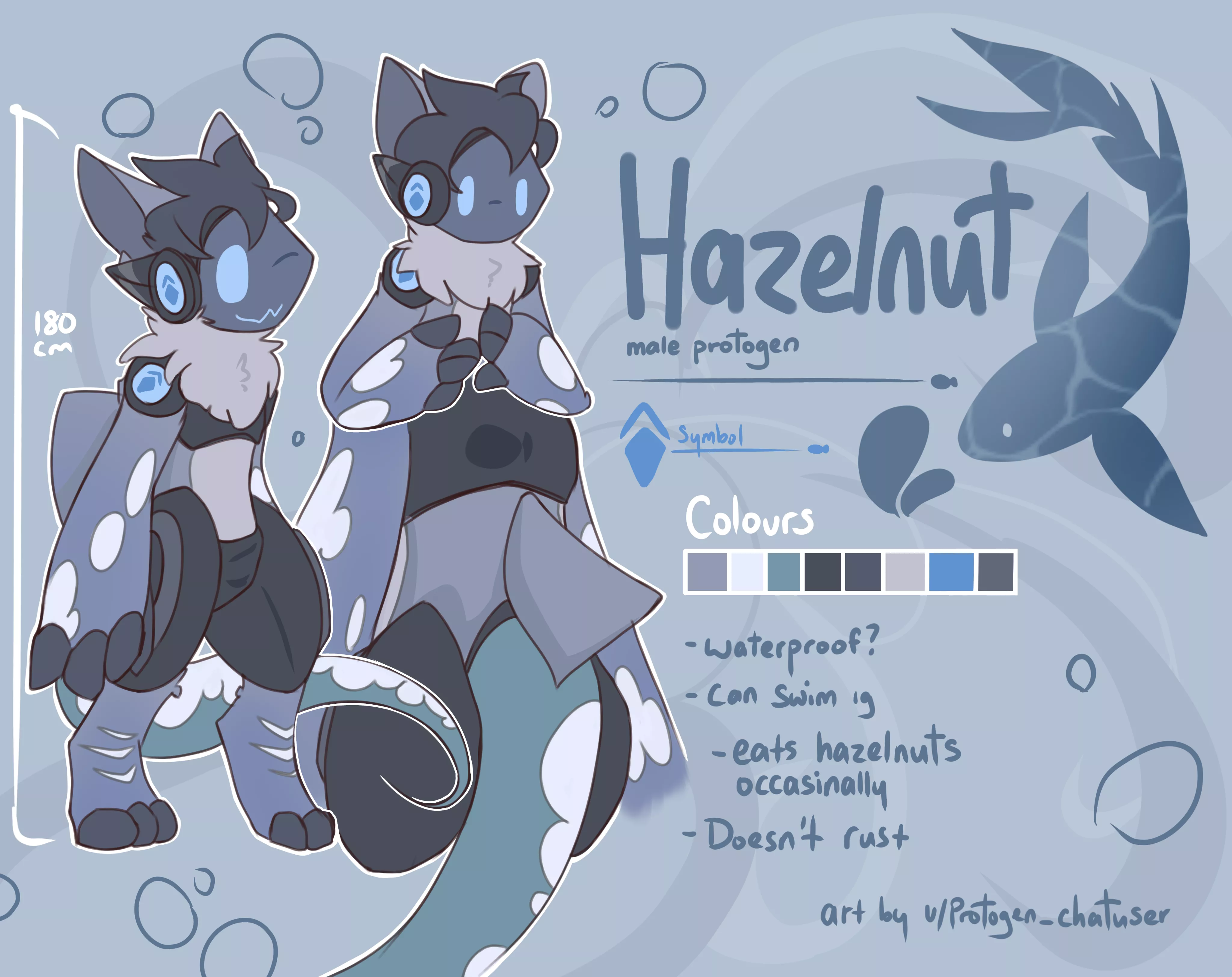 Reference sheet of my protogen sona, Hazelnut. (art by me)