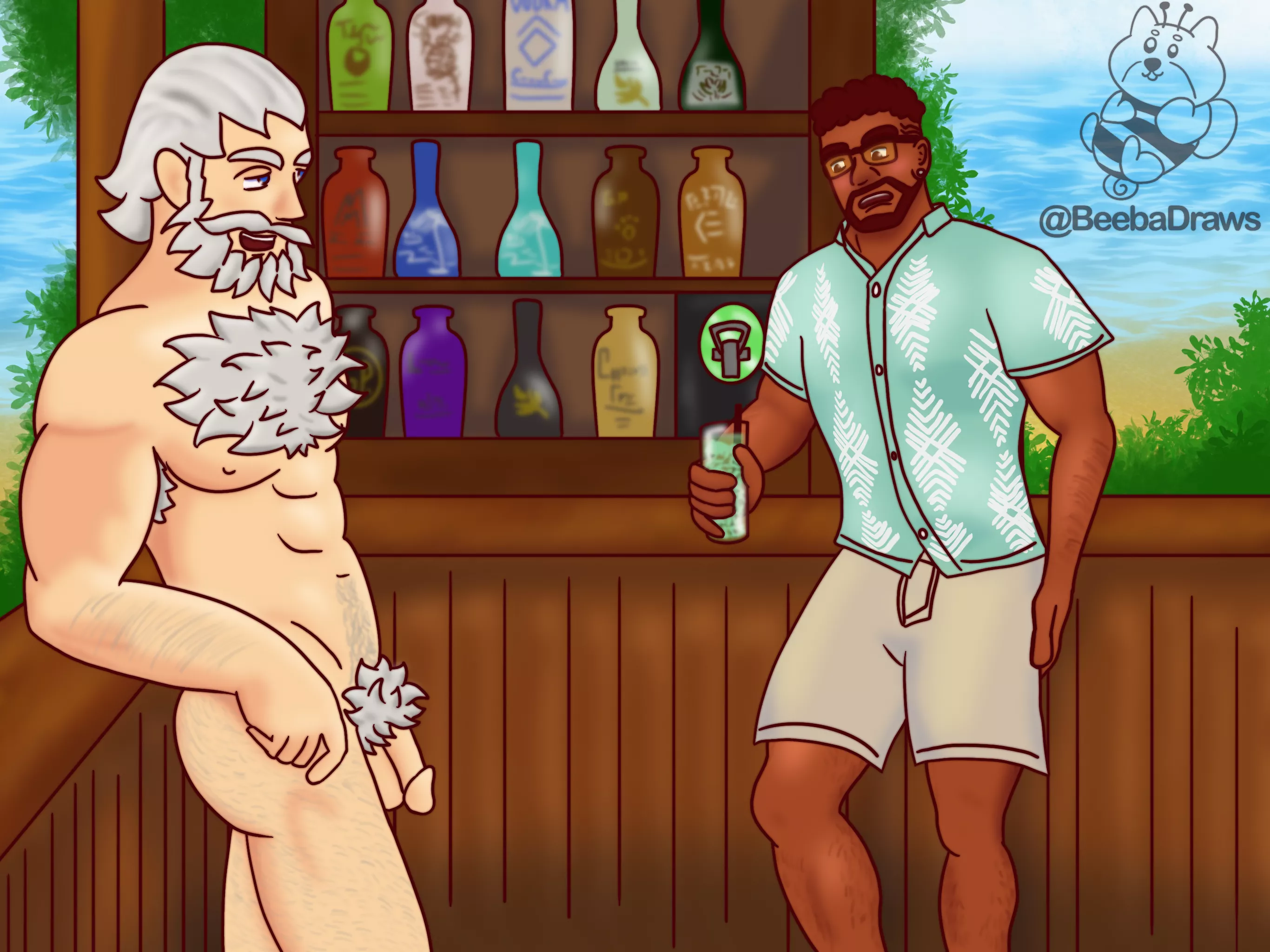 Reinhardt and Baptiste (overwatch) at a clothing optional bar. See Baptiste undressed on my twitter. - BeebaDraws