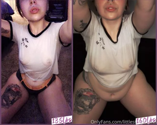 same shirt, same panties just a years difference! i can’t wait to see the difference in the next few months, i wanna be rounder and softer 💕💖