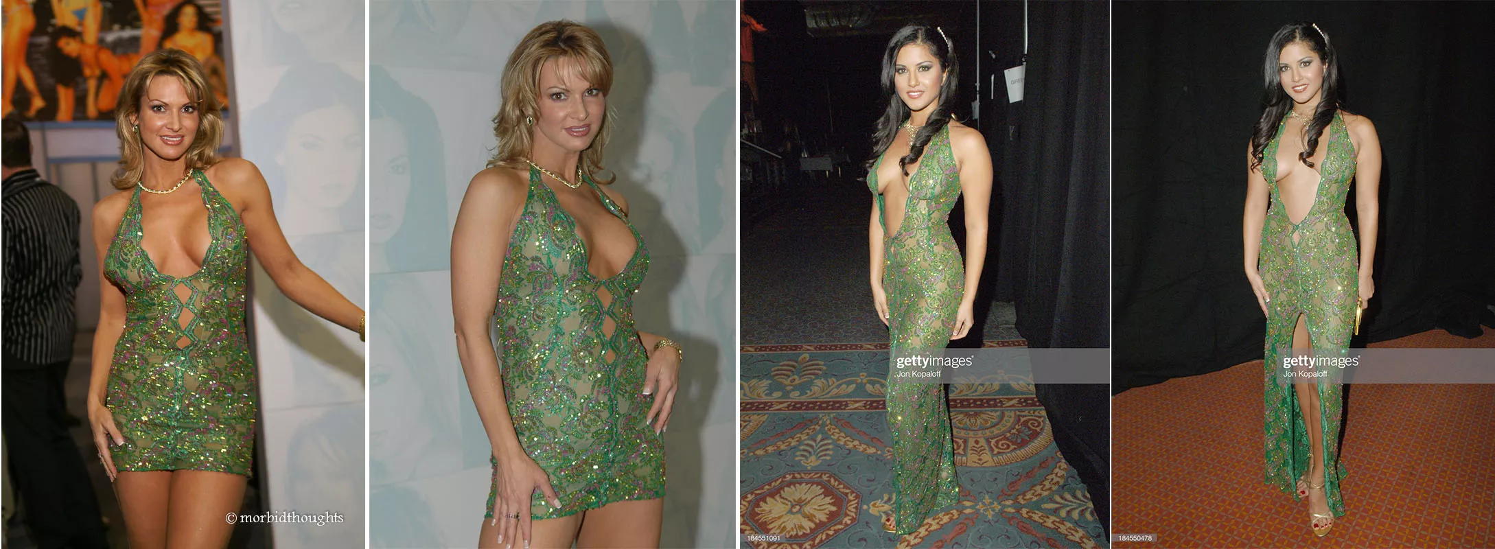 Savanna Samson and Sunny Leone wearing a mini and maxi dress from the same material during the 2006 AEE show and awards