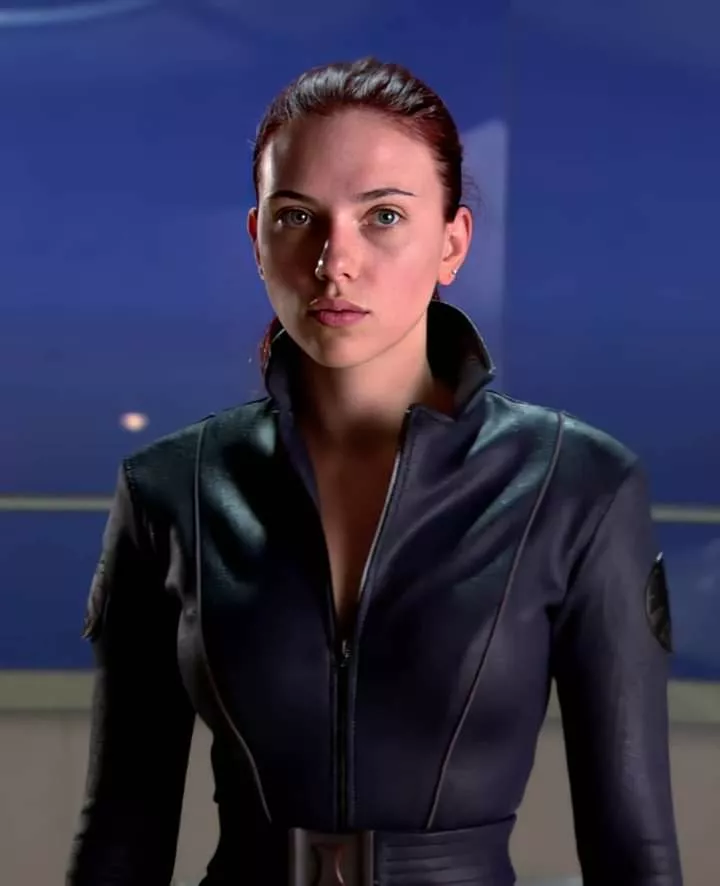 Scarlett Johansson's big tits look barely contained in her Black Widow suit