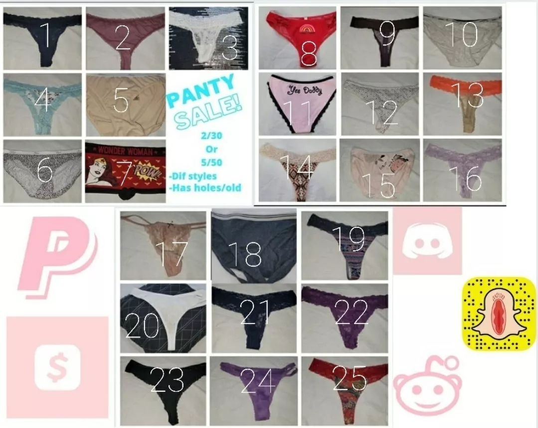 [SELLING] Available for wears!! ðŸŒ»ðŸ–¤ðŸŒ» Having a panty sale!! I've got 10 days till my next moon lemme get something dirty for you ðŸ˜˜ These pairs are yrs old, or have holes, fraying seams. They're perfect for the old school or hardcore panty con