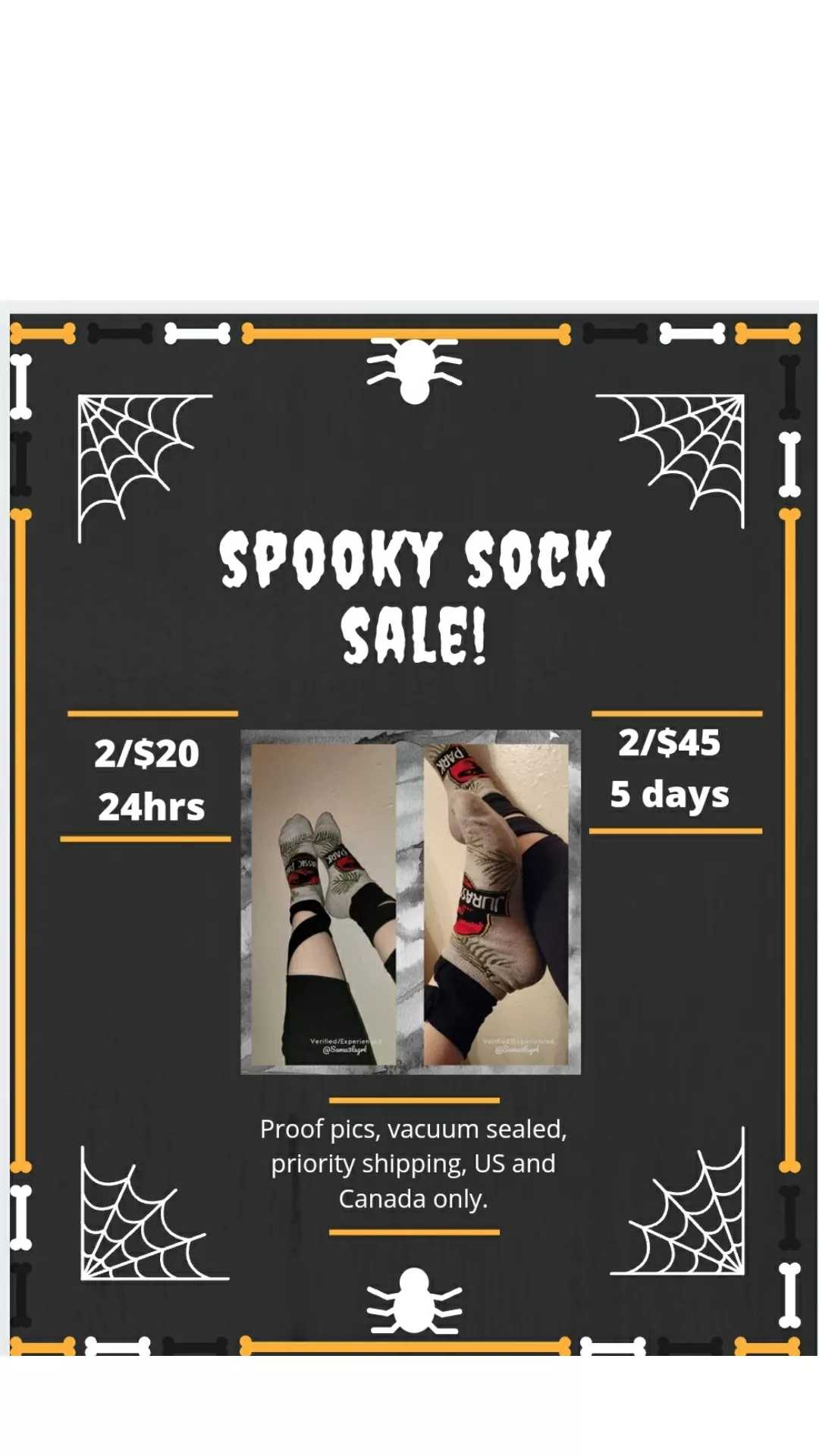 [SELLING] Calling spooky sock junkies everywhere!! !!SOCK SALE!! 🧦2 pairs/20$ 24hr wear, pics, includes tracking.♡ 2/45$ for 5 day wear. I have too many please send help before I drown in dirty socks 🤣🙌ty! 💗