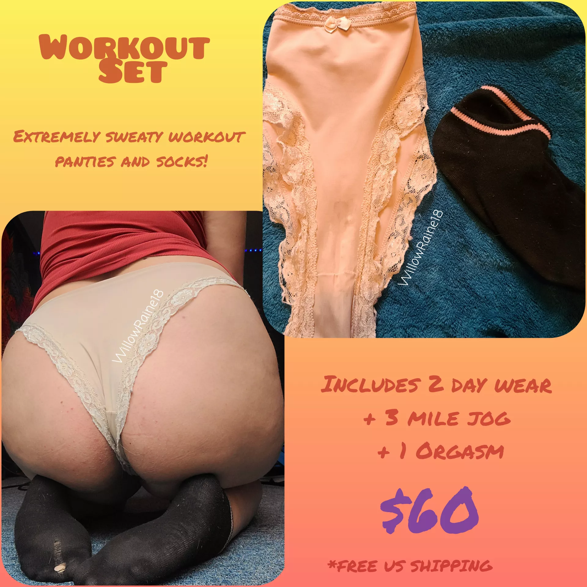 [SELLING] I got SUPER sweaty at the gym today! Get this 2-Day-Wear Panty/Sock set from my workout for only $60! 💦 Includes FREE US shipping! [KIK] willow.raine18 [PTY][SOCKS][US]