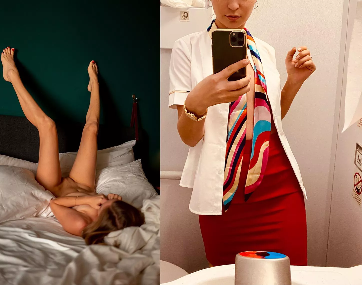 Sexy flight attendant, on and off