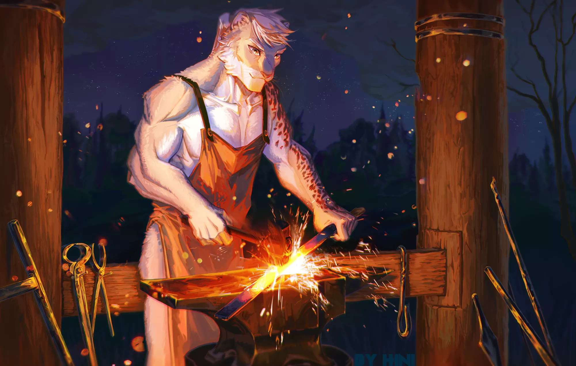 Snow Leopard blacksmith forging the molten metal on the anvil (art is by me, Hini :3)