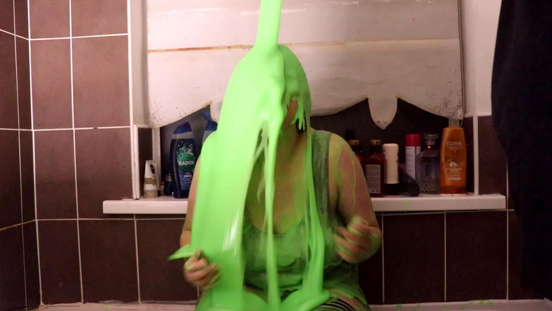 So I got slimed with thick green slime/gunge in my latest video! 5 buckets and over 50L of it!