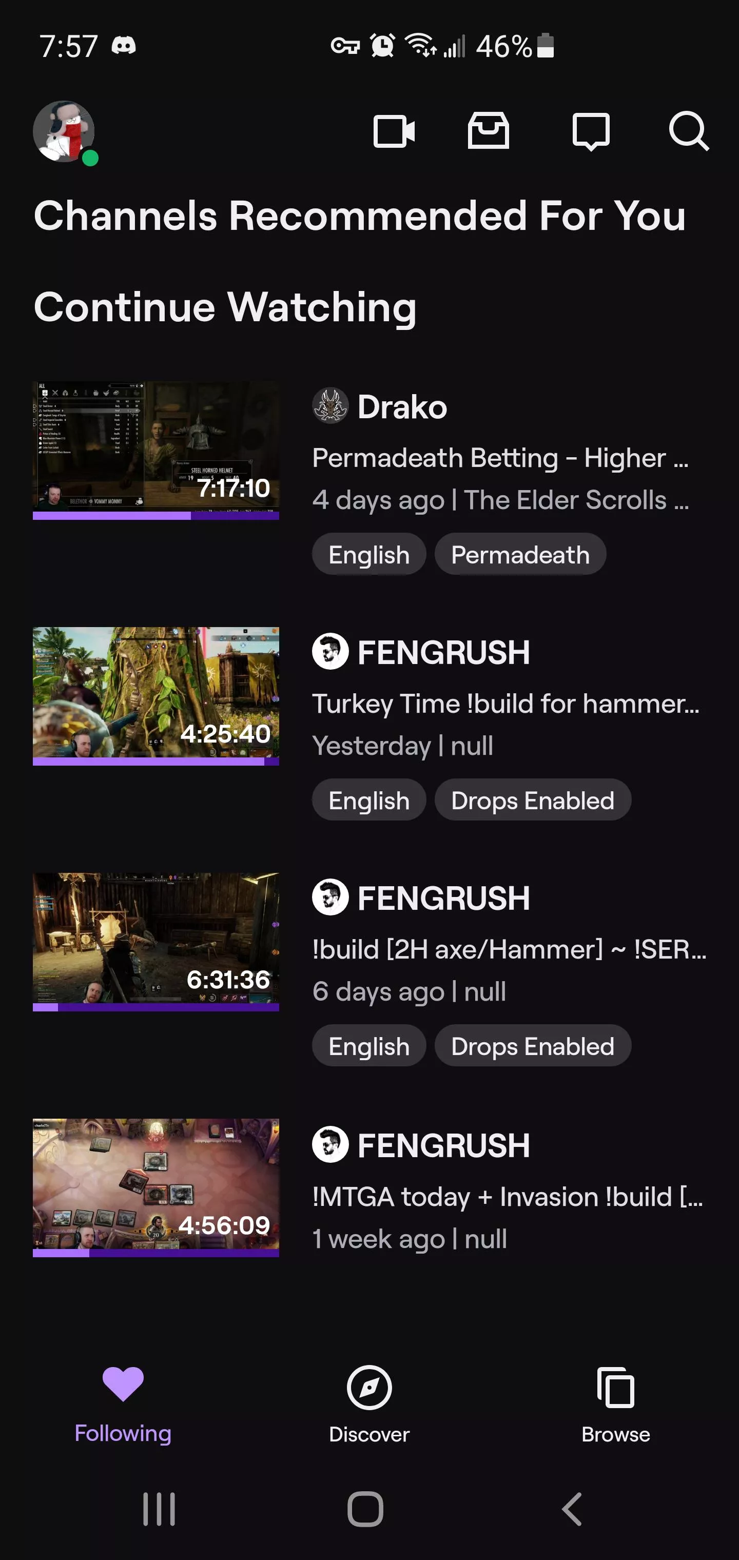 So I have a question for y'all. The only person I watch on Twitch is Drako (who I'm subbed too). I never watched Fengrush's streams but it's constantly in my continue watching section? I'm the only person with access to my account, so no one else us