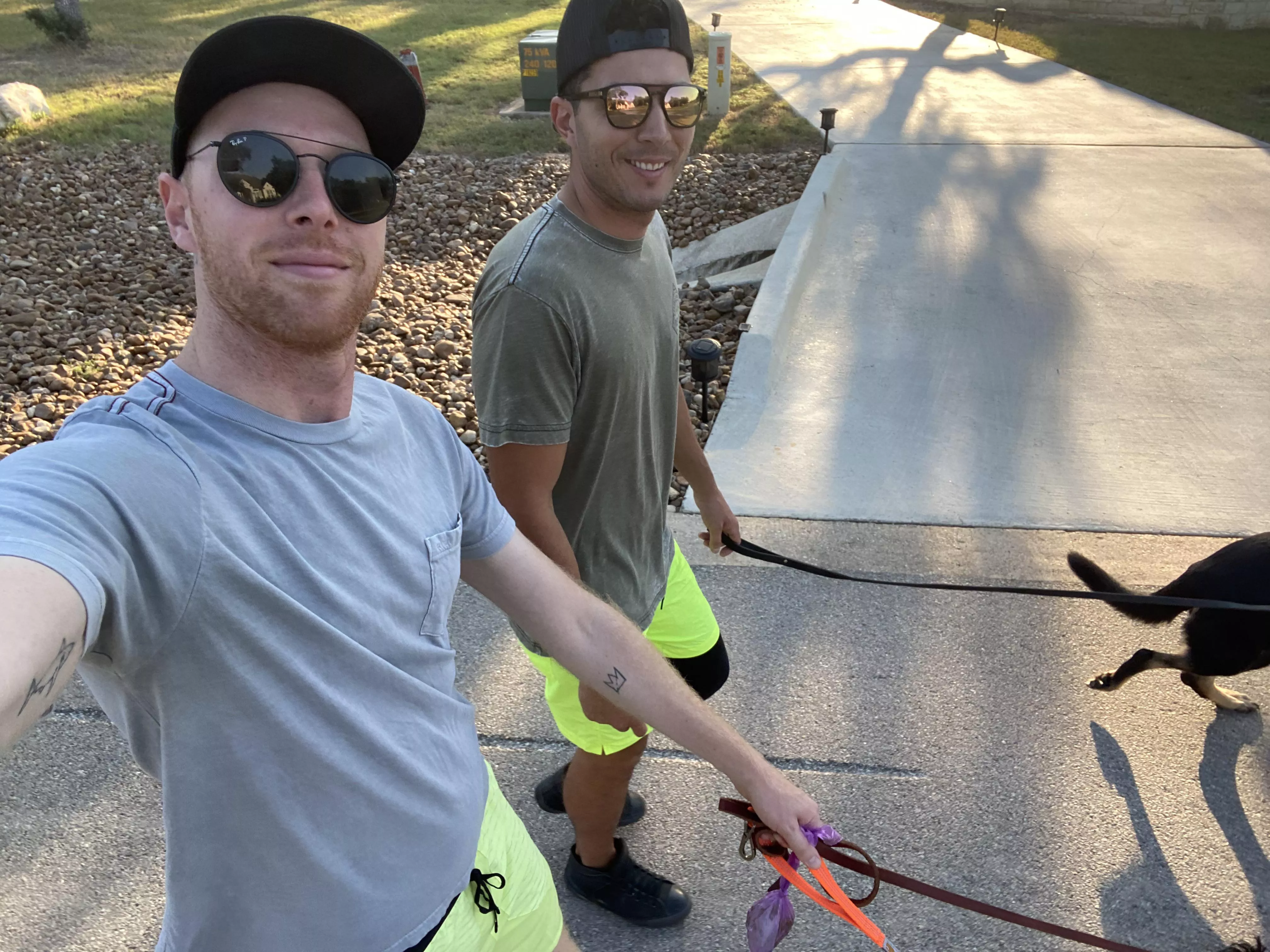 Sometimes we wear matching outfits and walk the dogs around our Central Texas neighborhood to remind our neighbors of the Gay Agenda