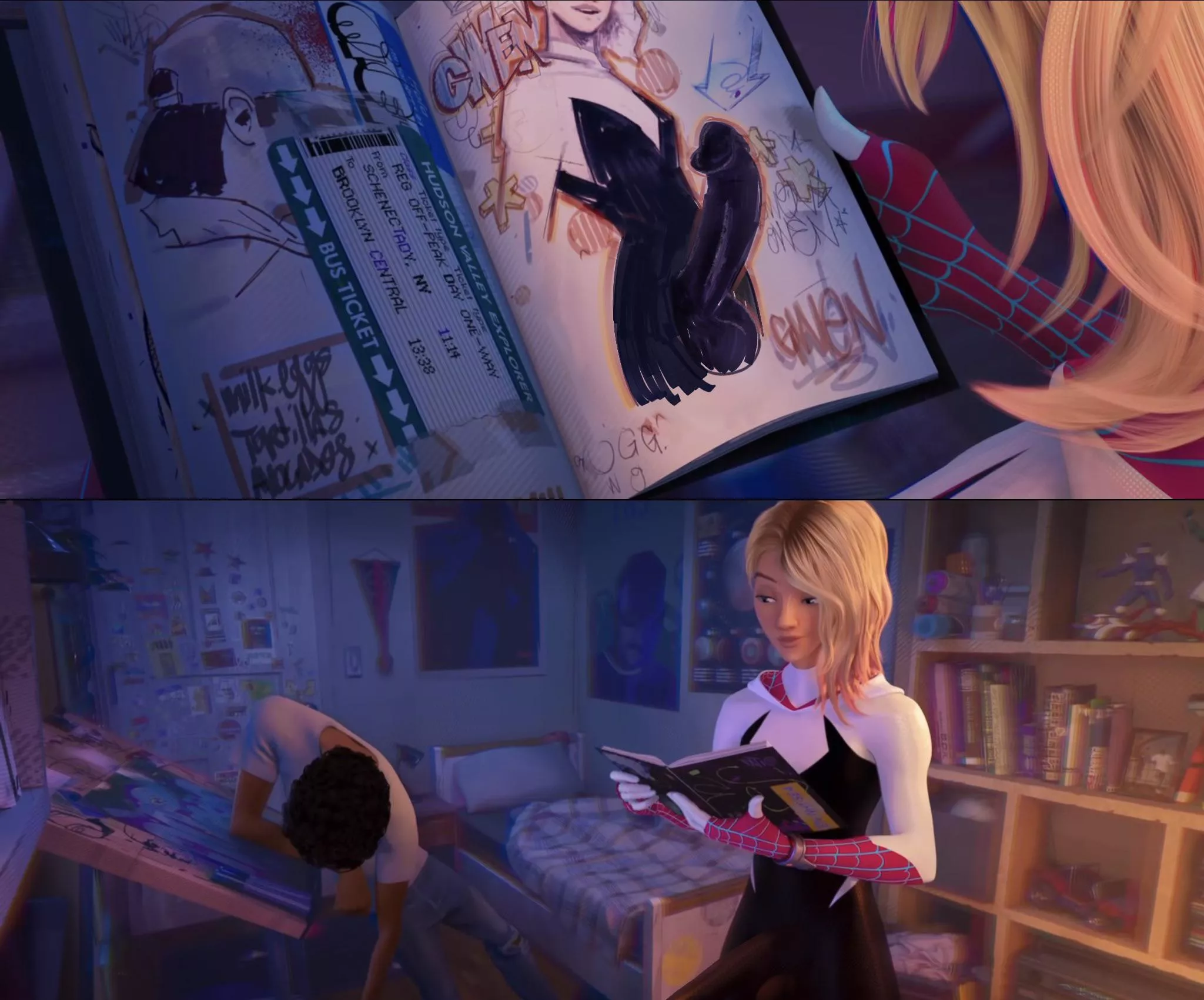 Spider-Gwen finds Milesâ€™ Art (Cothswoller)