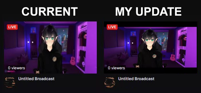 Streaming in 21:9 aspect ratio will scale your live thumbnail vertically making it looked warped. I've made a before/after on how it should actually look in correspondance to the streamer's actual screen. Not sure how to get this to twitch as it does h