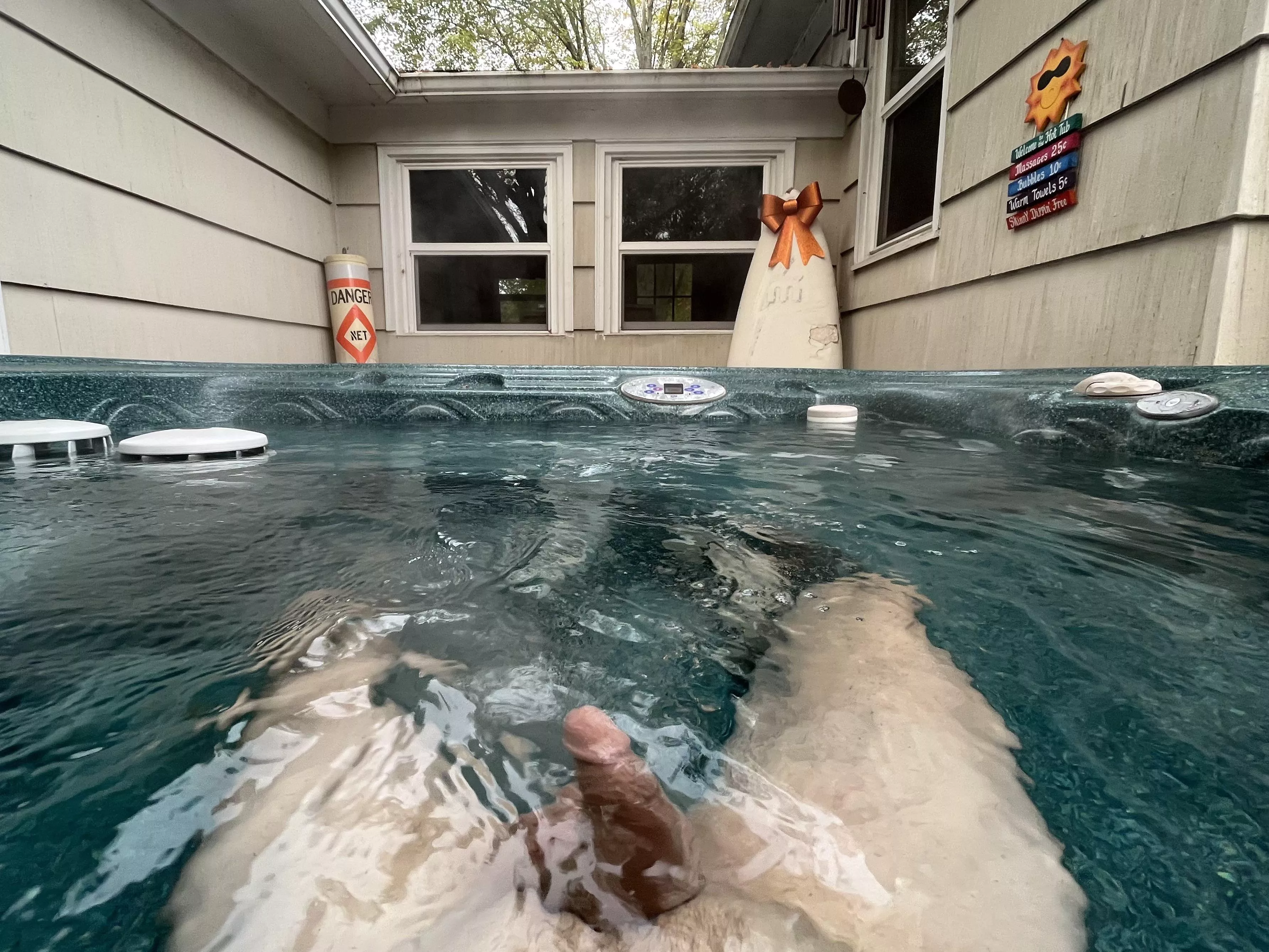 Sunday morning dad [48] relaxing in the hot tub again. Wish I could get someone to deliver a coffee