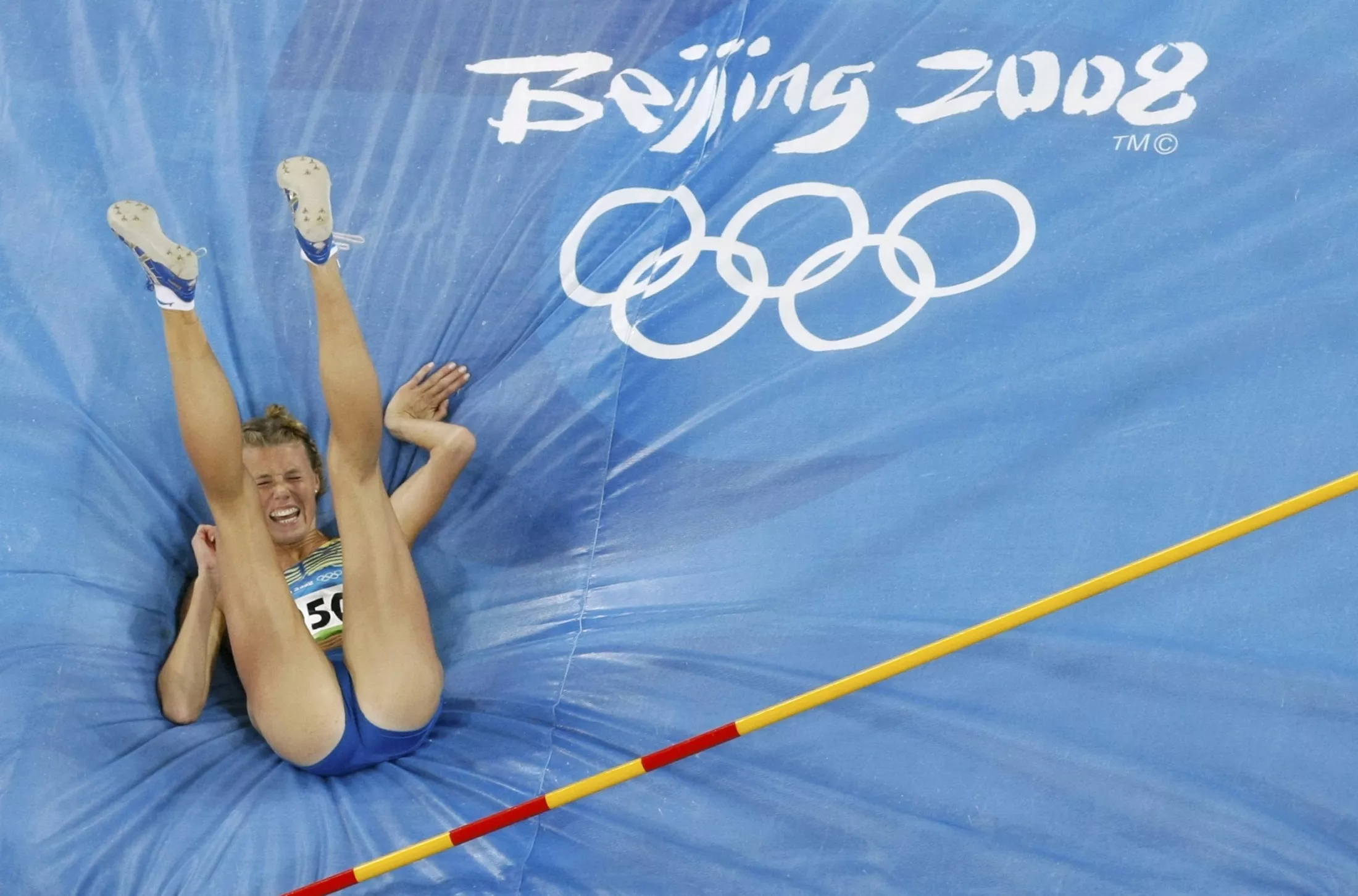 Swedish female high jumper Emma Green lands on the mat