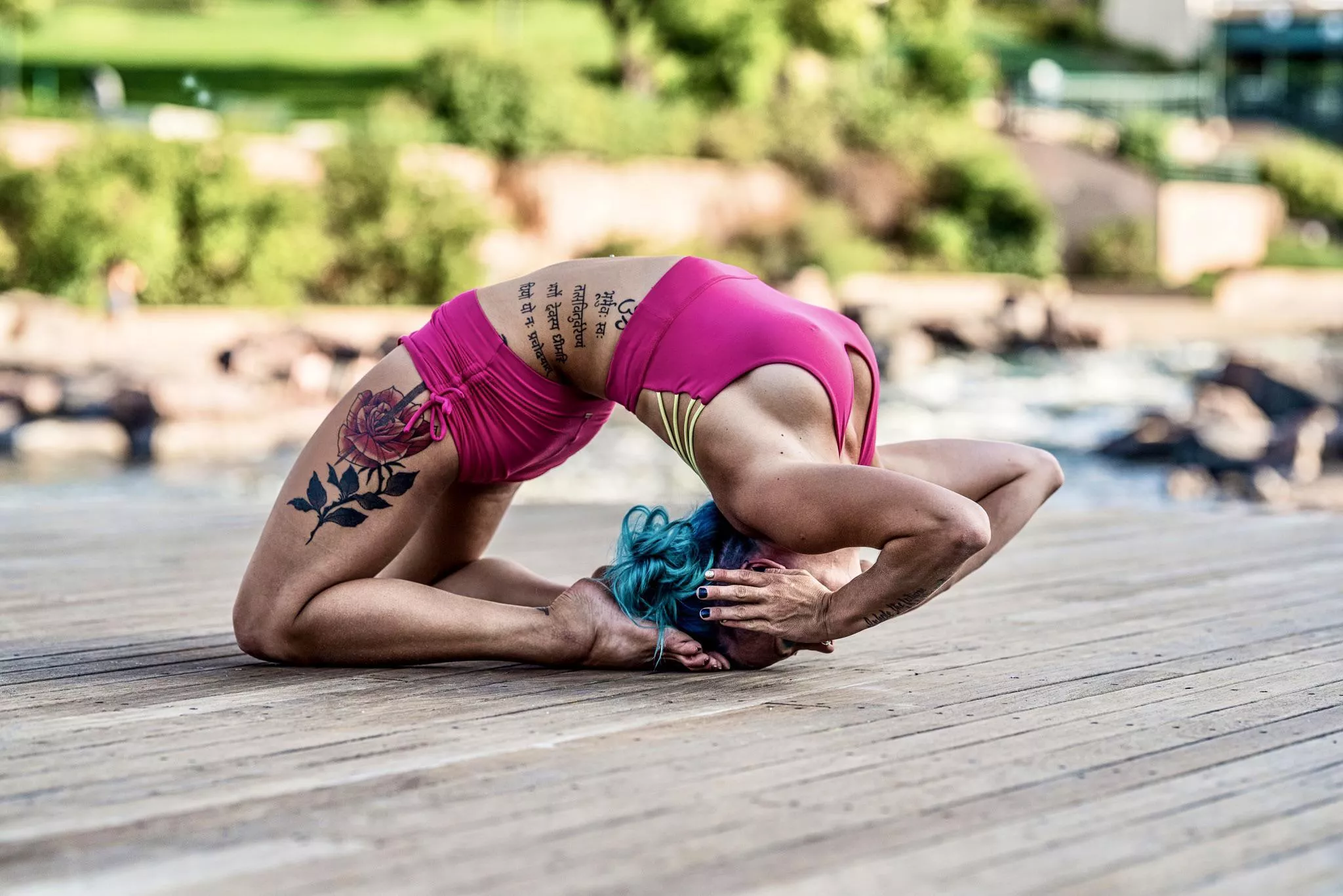 That bendy and flexy kinda body thing. Yoga girl's feet giving her head some comfort. ðŸ’•