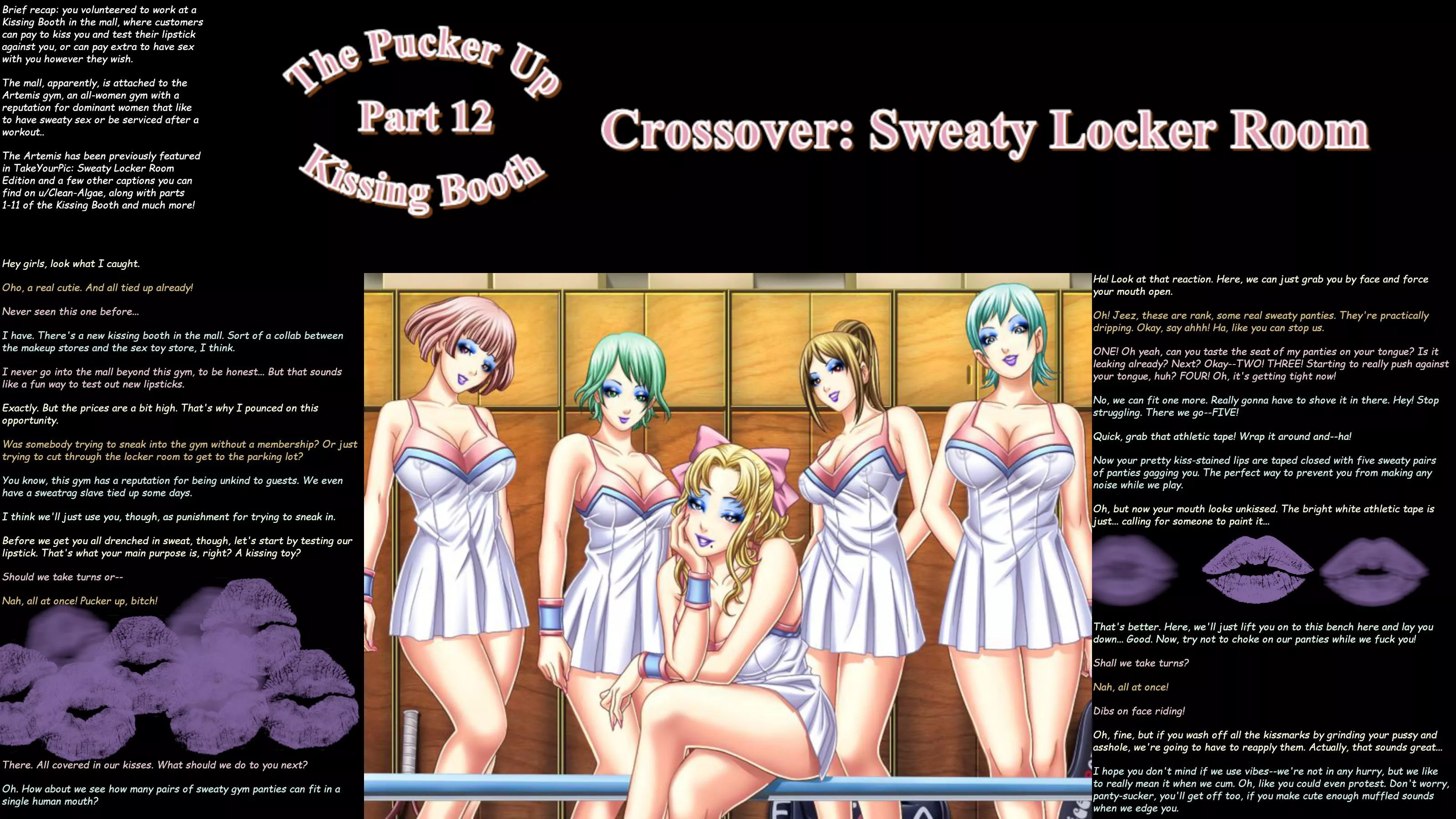 The Kissing Booth, Part 12: Crossover with the Sweaty Locker Room! [femdom] [kissing] [lipstick] [sweat] [gag] [public use] [gender neutral pov]