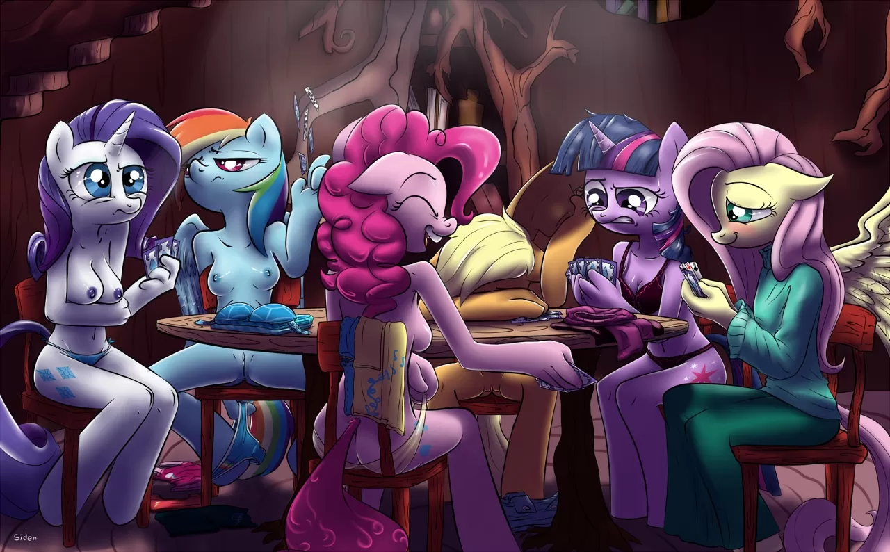 The Mane 6 towards the end of a game of strip poker (Siden)