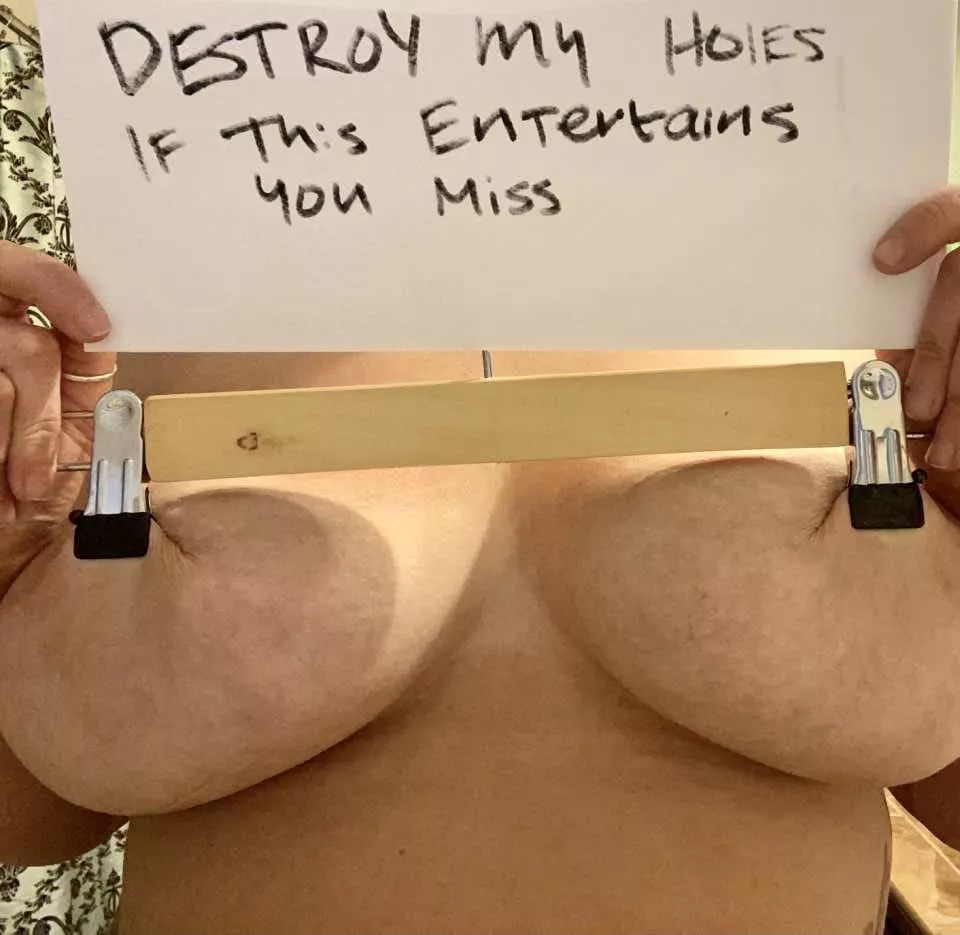 The slut was told to torture her fat udders to entertain my day at work. Such worthless boobs are meaningless if they arenâ€™t properly abused.