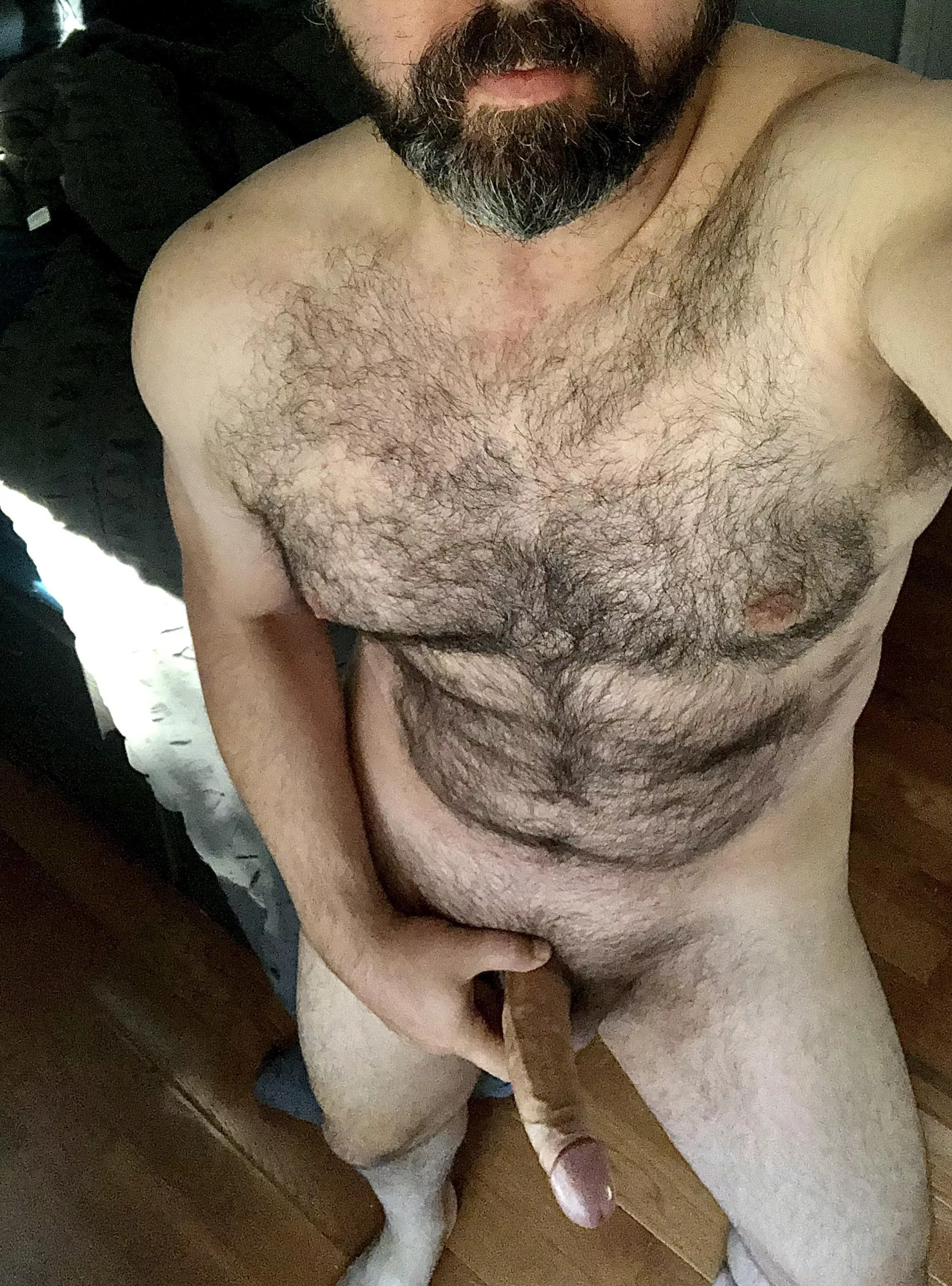 Thick and furry, beard and boner, let’s have fun in bed, and become dual moaners.