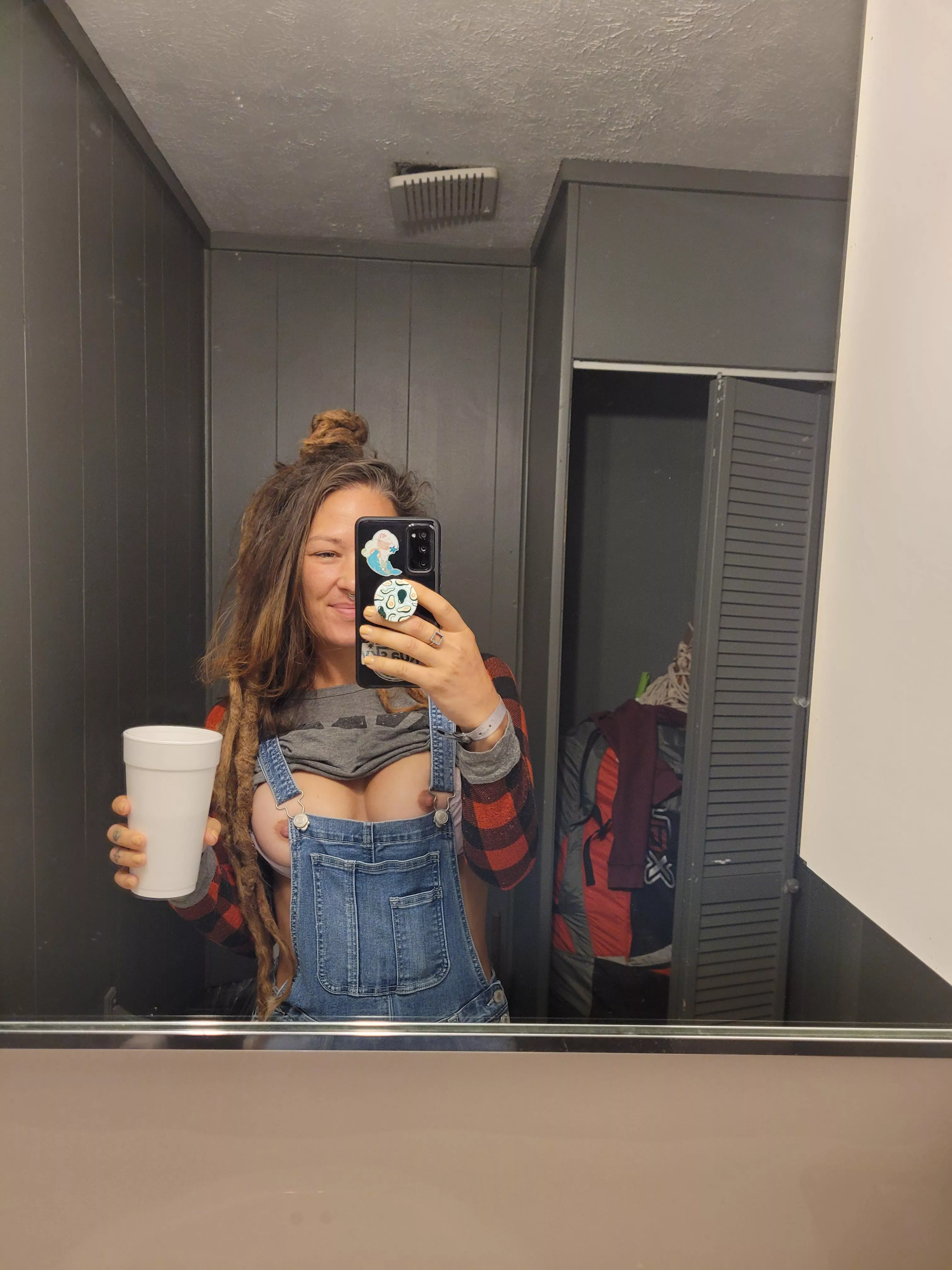 Titty Tuesday in the office with my styrofoam cup of coffee with pumpkin spice creamer cuz its fall- can't you tell by the flannel & overalls?ðŸ˜› (f)