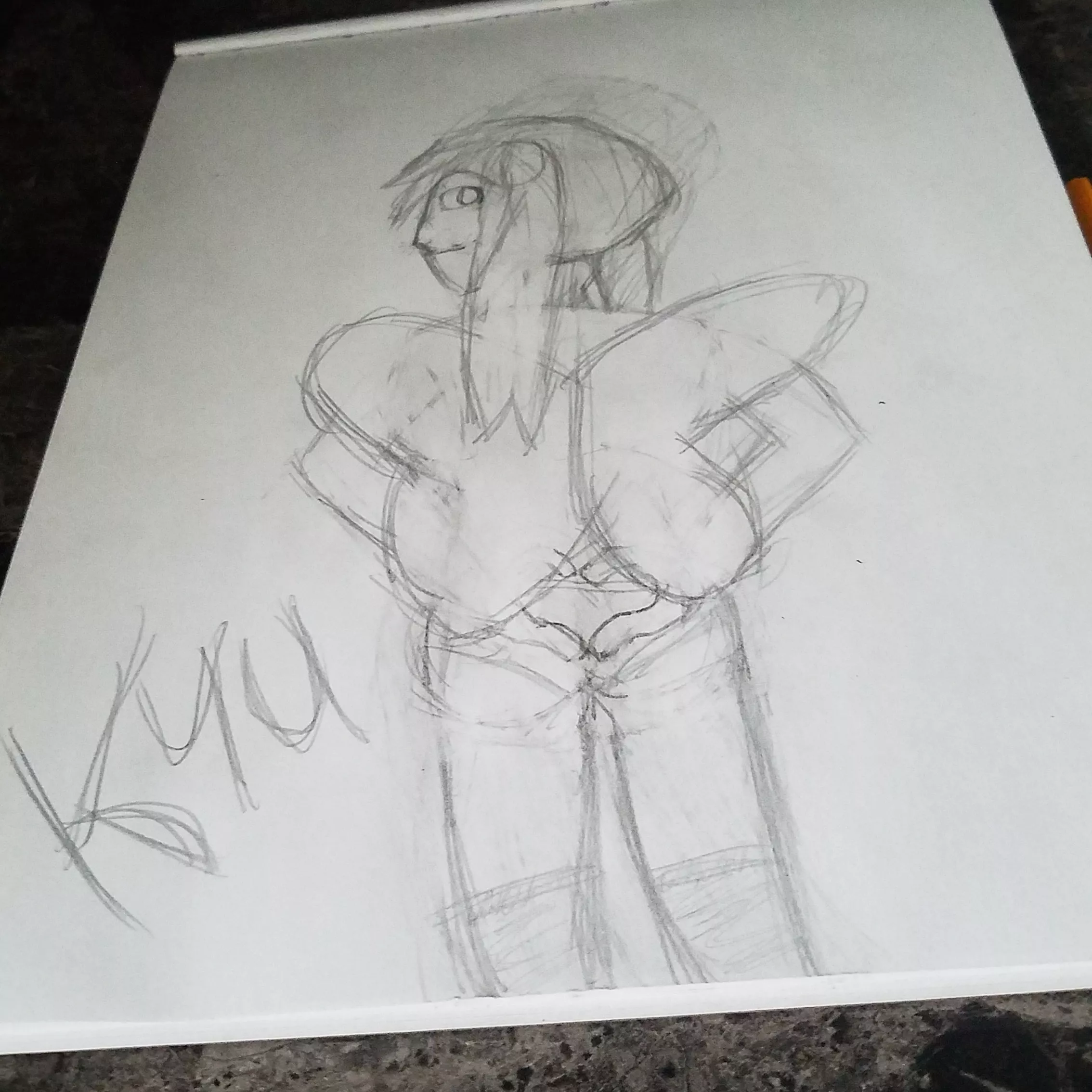 Tried doing Kyu with my own pose idea without a reference, didn't work out at all. Not good at hair, hands, or faces. Getting a tablet in a week though, so I can actually fix it.