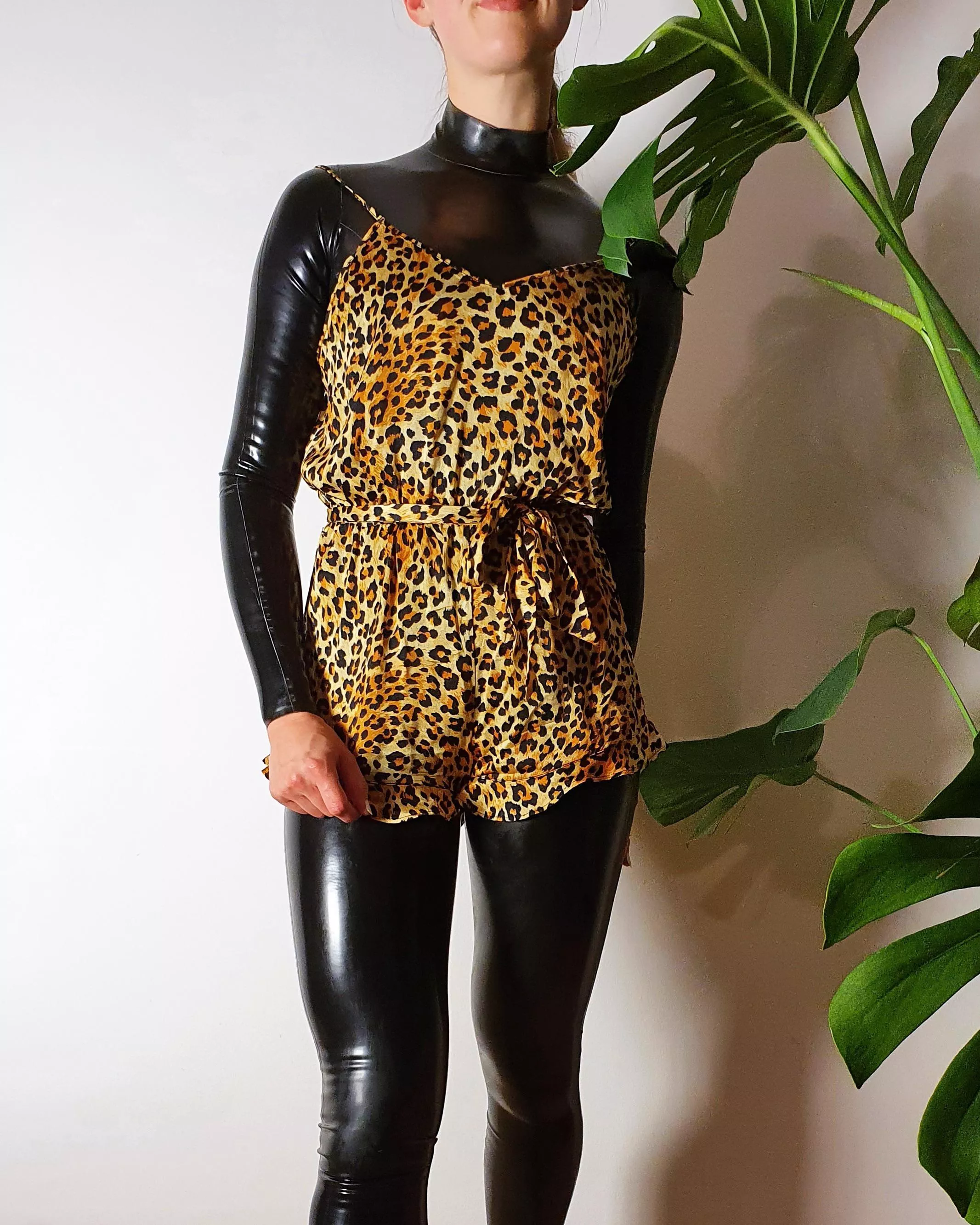 Trying out a leopard print bodysuit over a black catsuit!