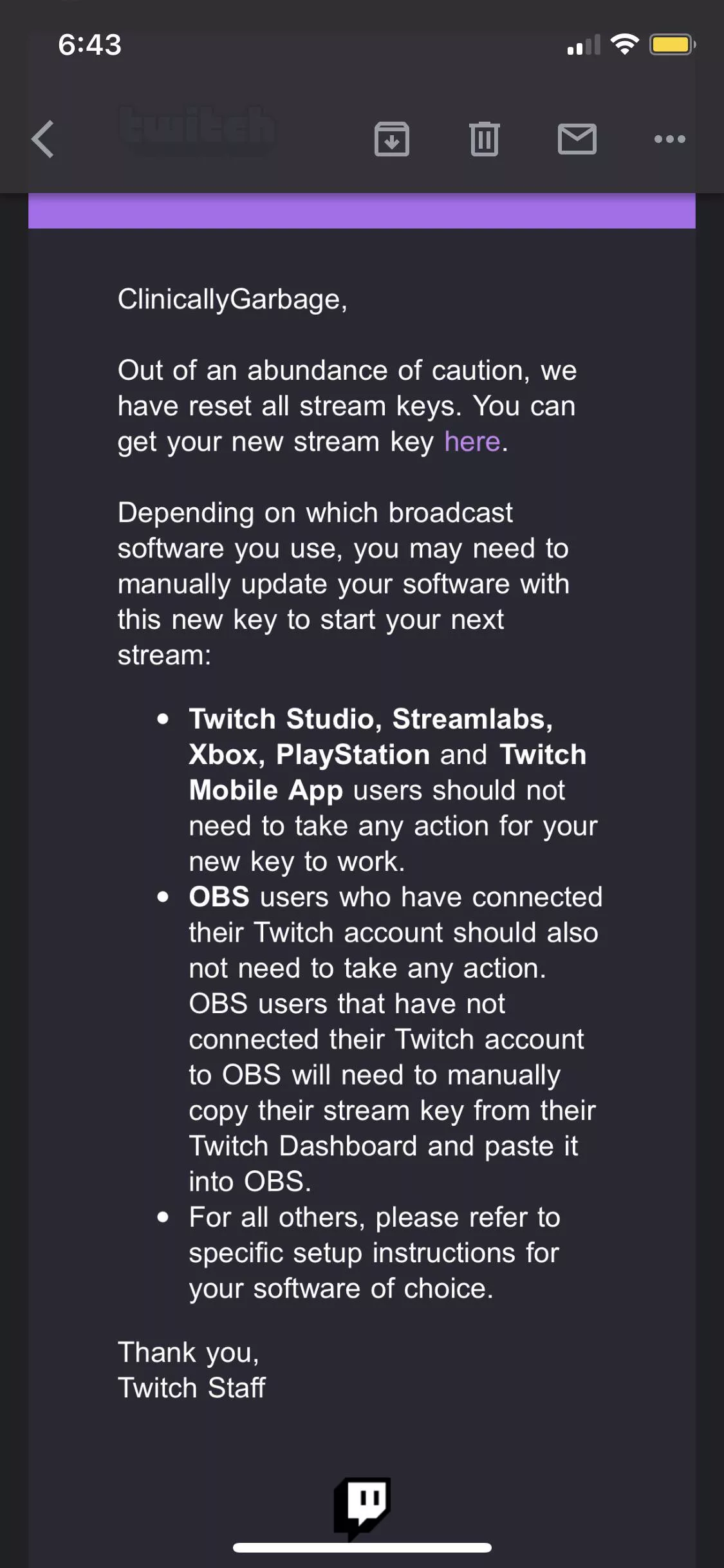 Twitch is resetting stream keys. Just so yâ€™all know