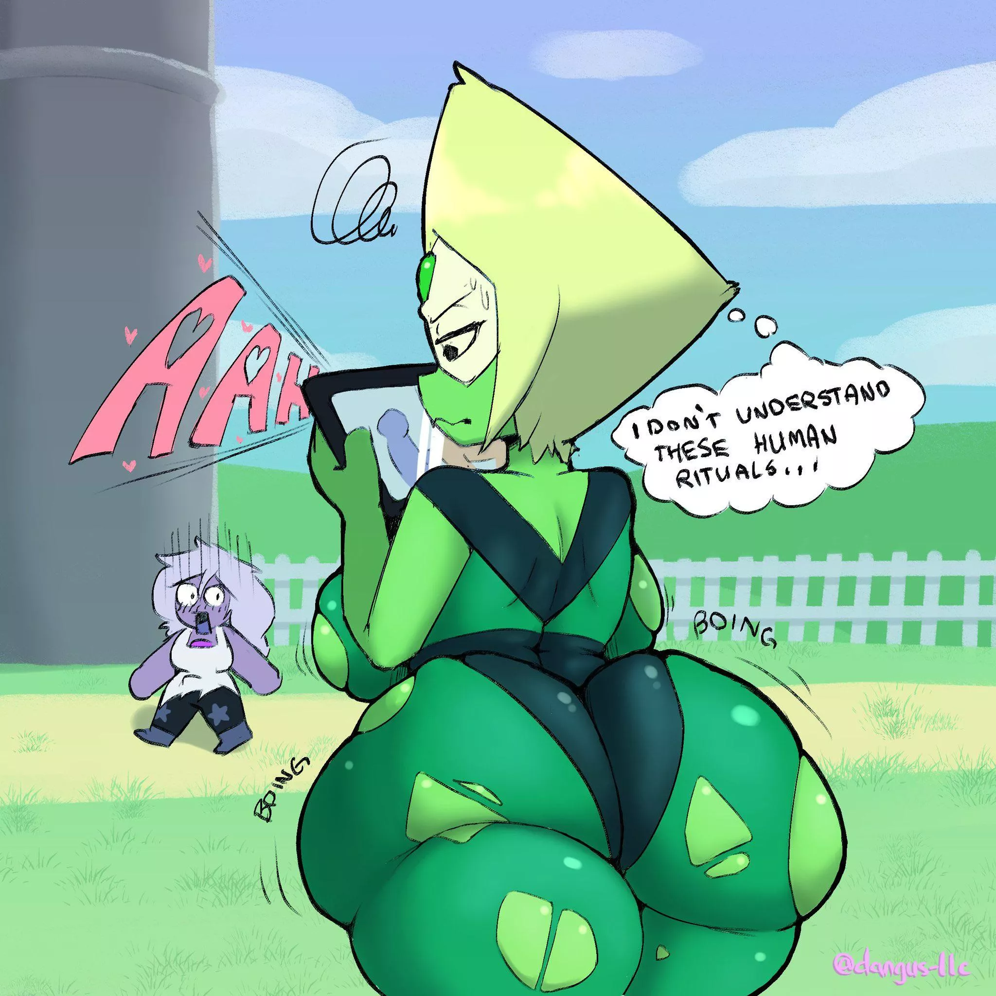 Unbeknownst to Peridot, her form expands while watching porn! (Art by dangus_llc)