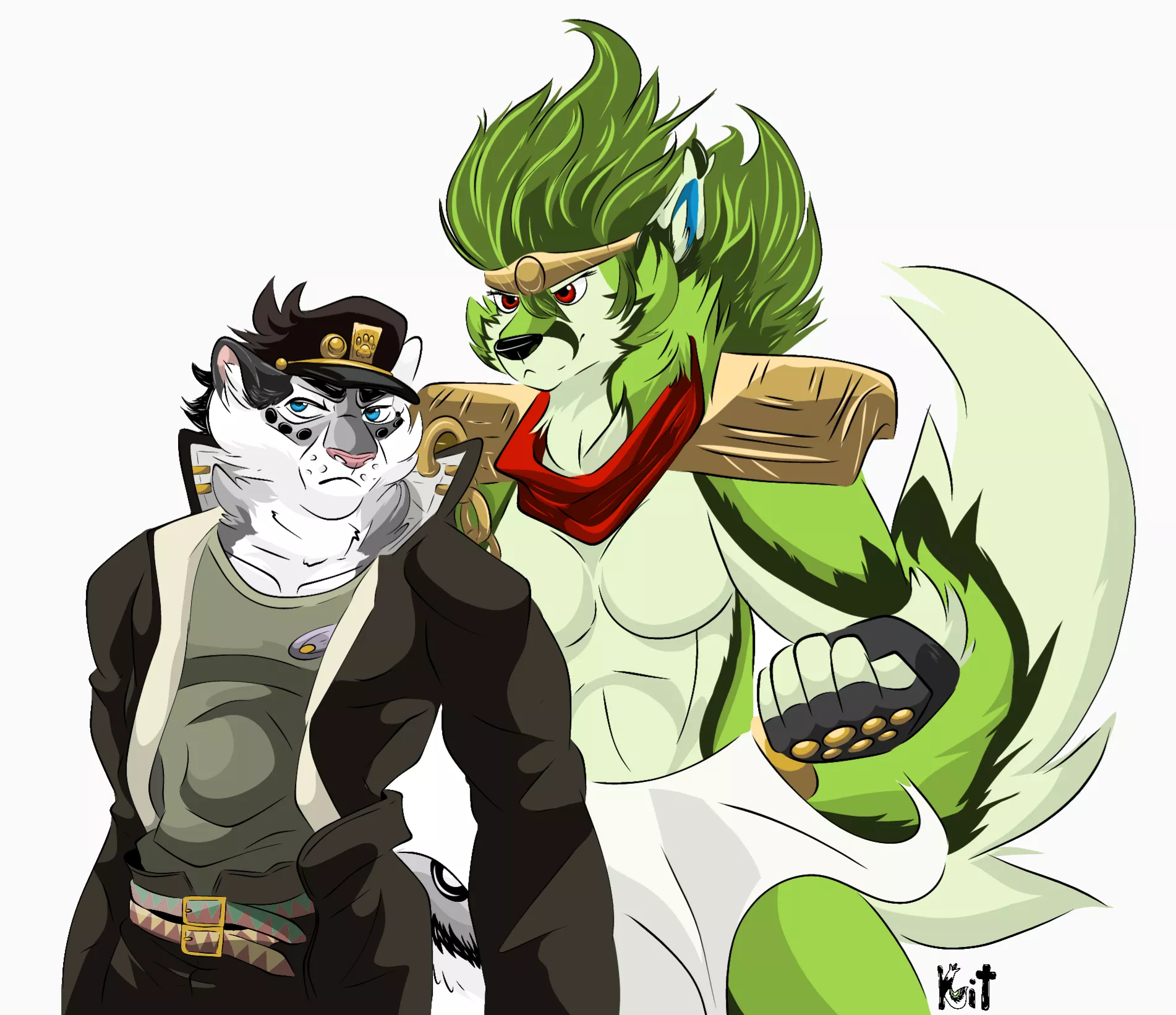 We were watching Jojo's and my gf came up with this using our fursonas ( art: kitchi drachenblut)