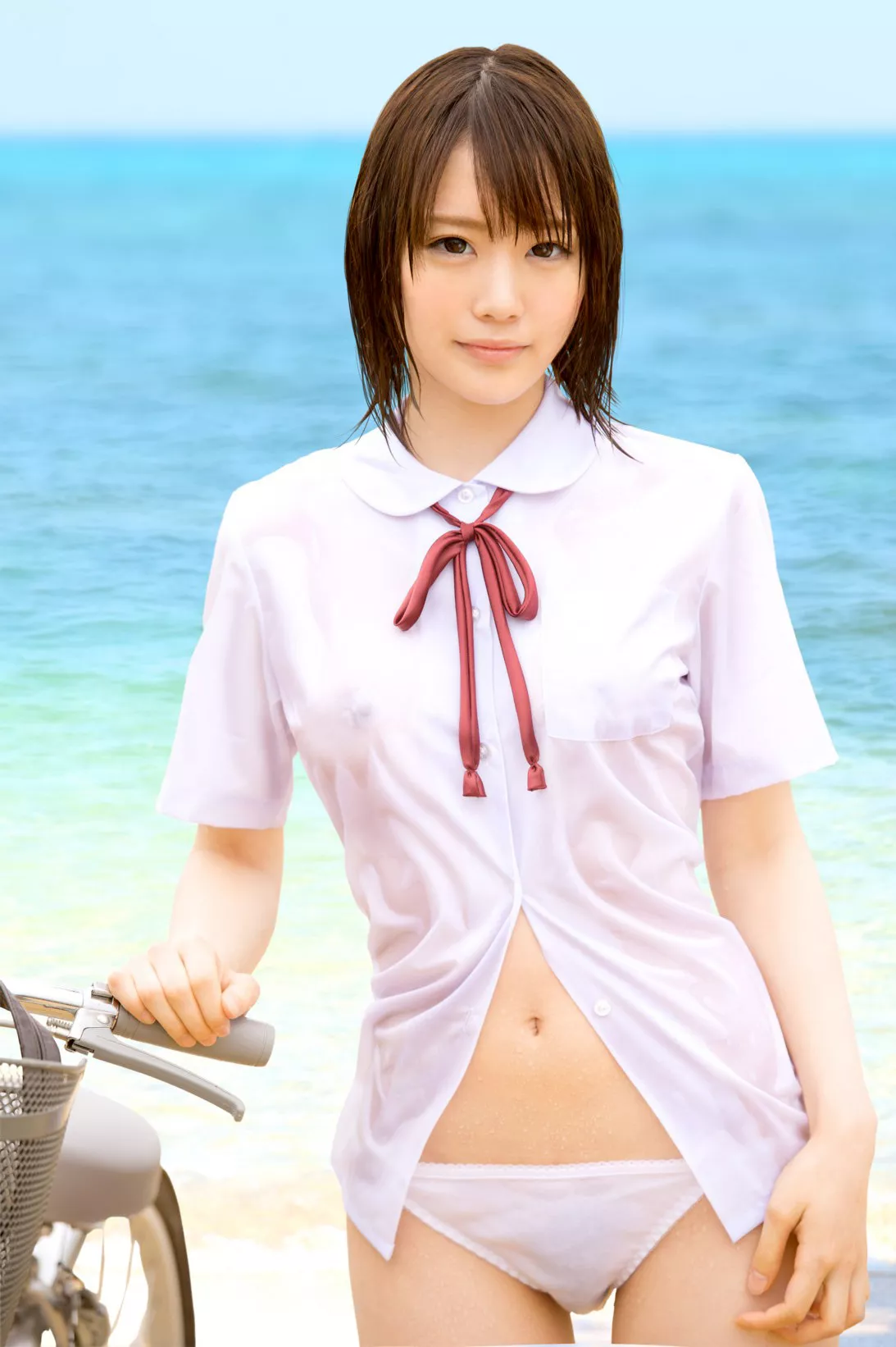 Wet at the beach in shallow area with uniform and a bike? Not sure how such a scenario happens. | Suzumura Airi