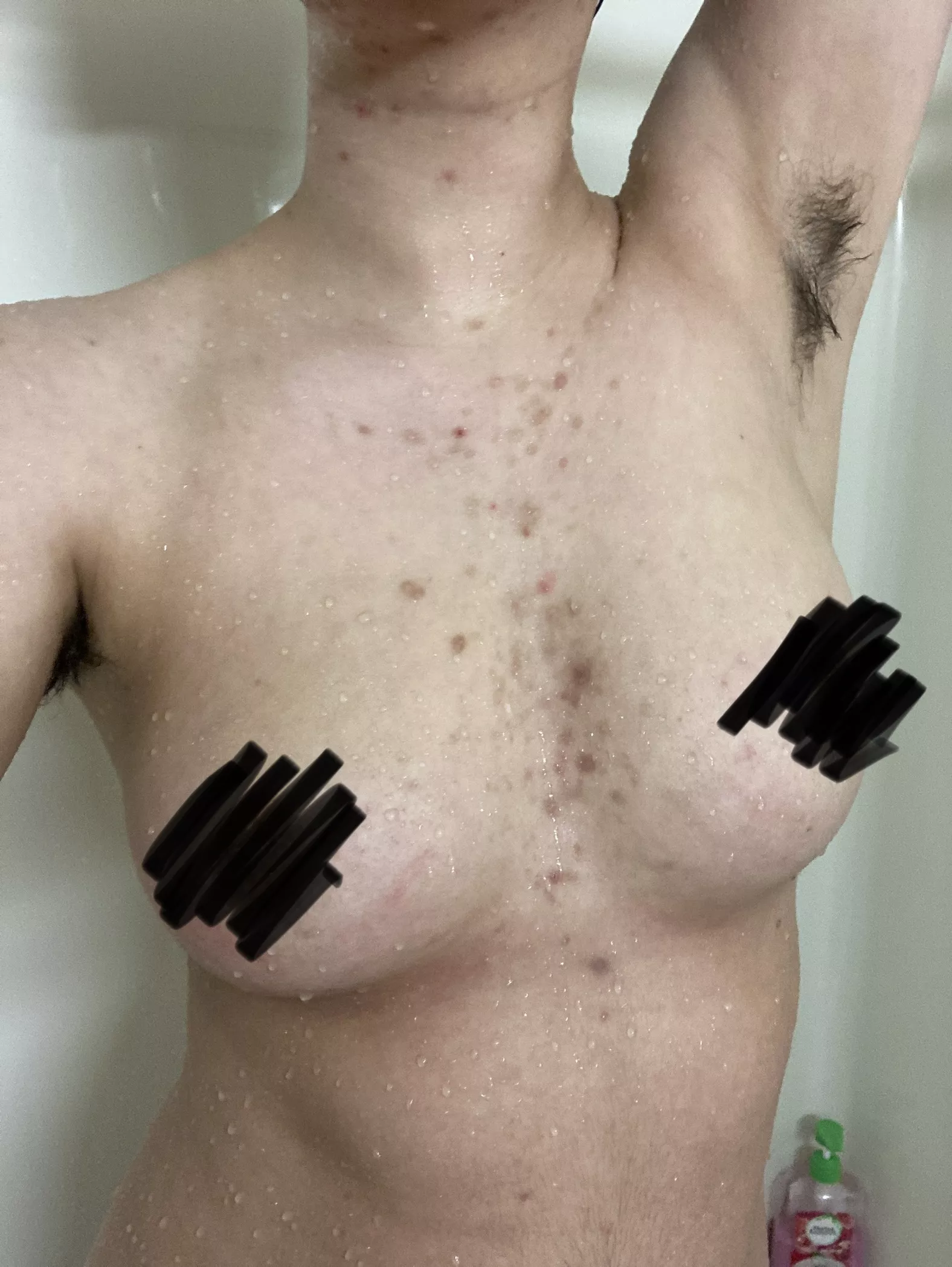 Wet from the shower, showing off my hairy pits!