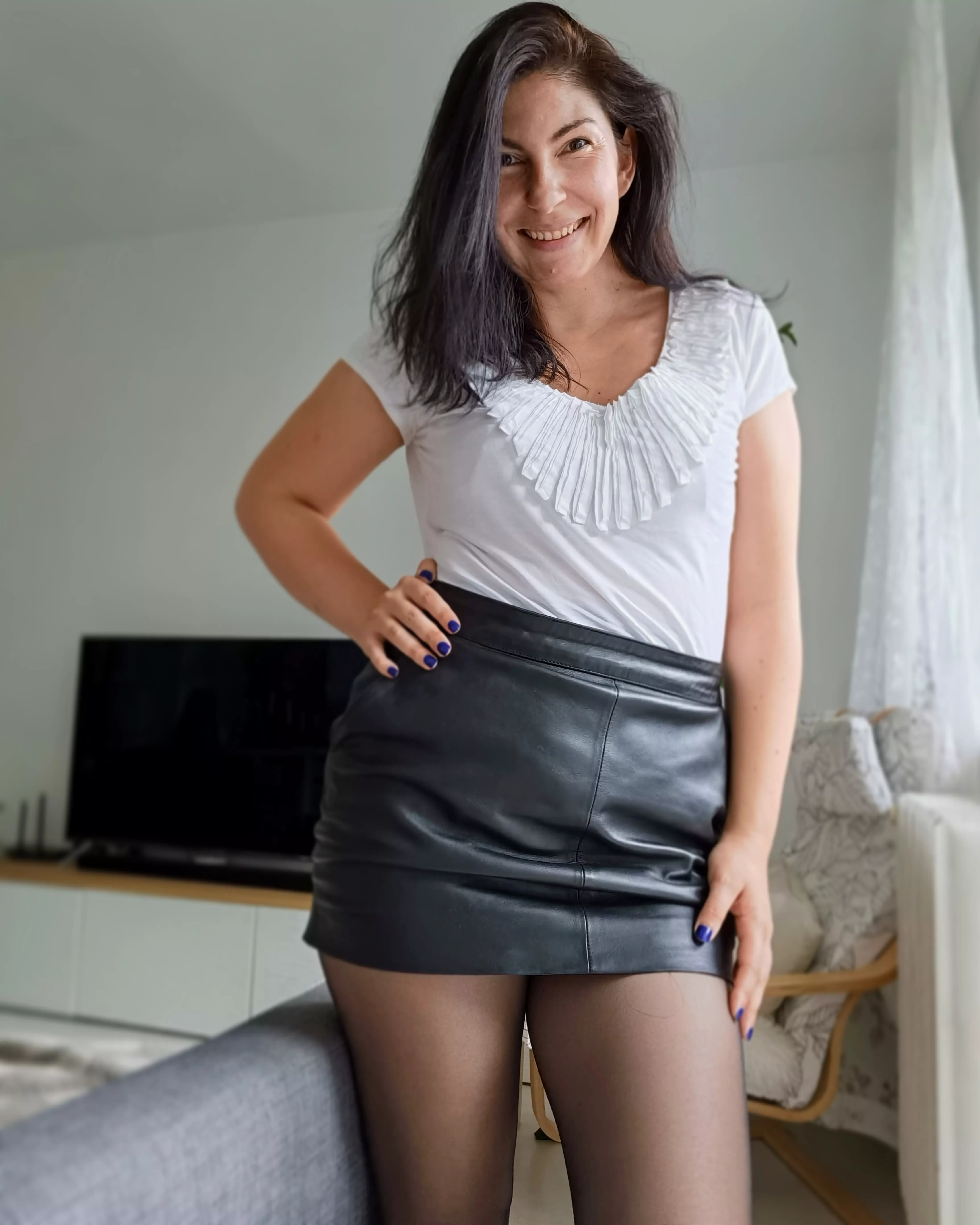 What do you think about my mini leather skirt and Wolford satin touch tights?